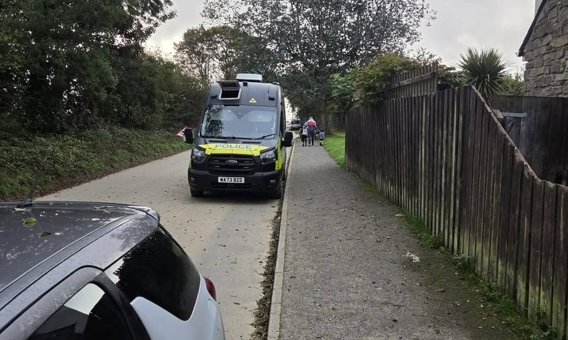 Police speed enforcement van parked on the road near St Erme and Trispen primary school