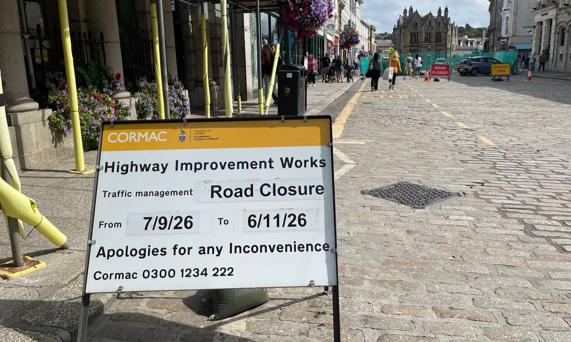 Cormac road closure sign on Boscawen Street in Truro