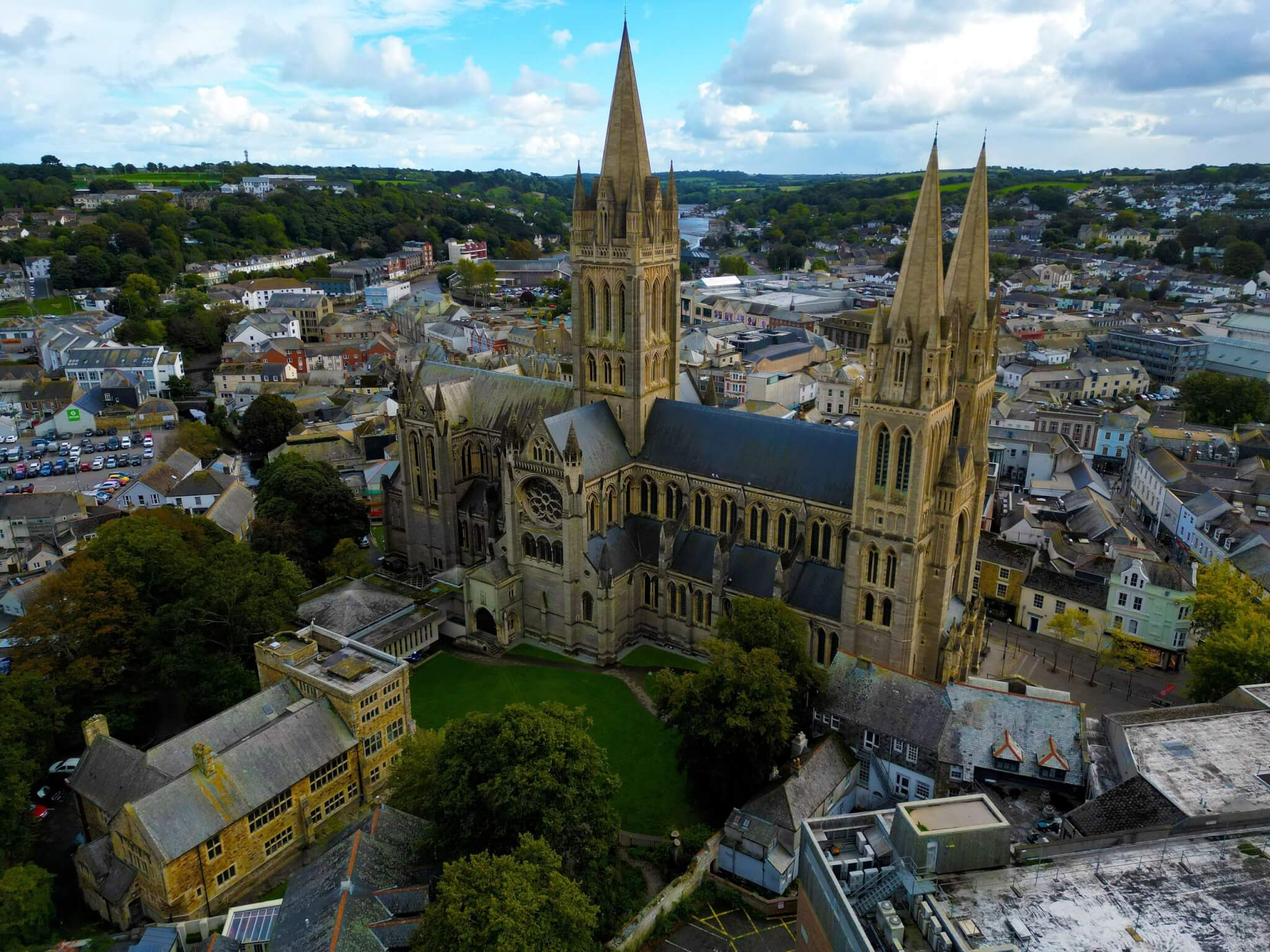Aerial view of Truro Cathedral and the city centre