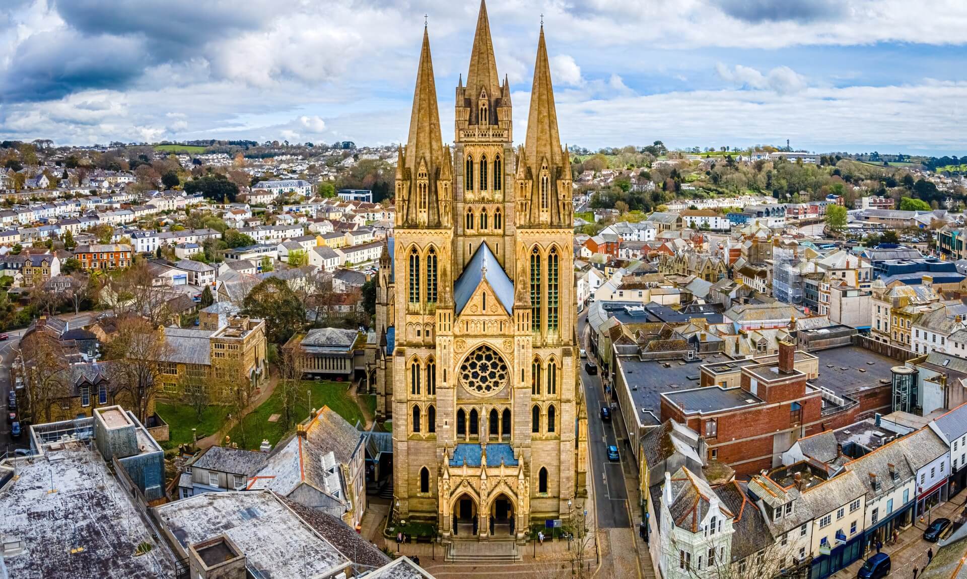 Aerial view of Truro Cathedral and the city of Truro