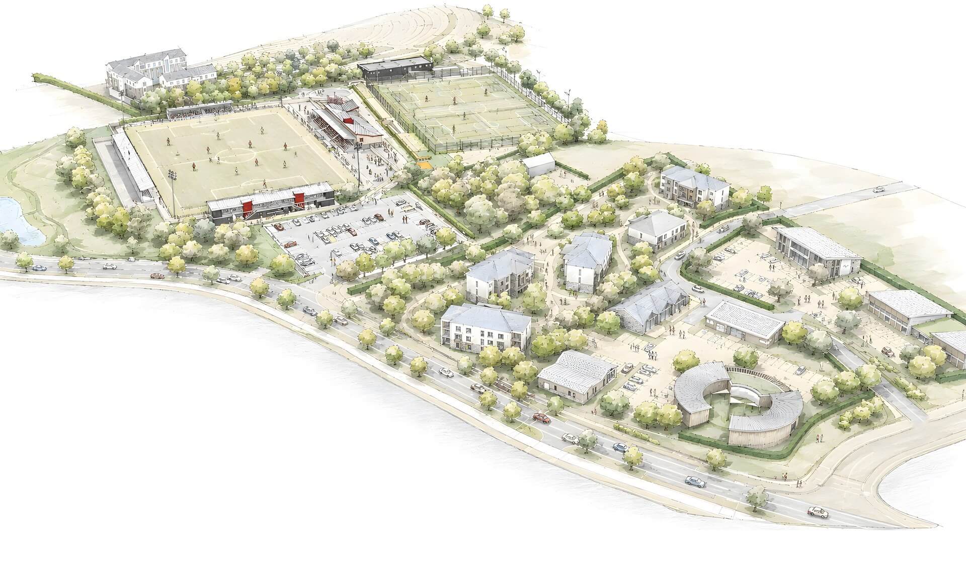 Aerial illustration of the Milestone Project masterplan around Truro City Stadium