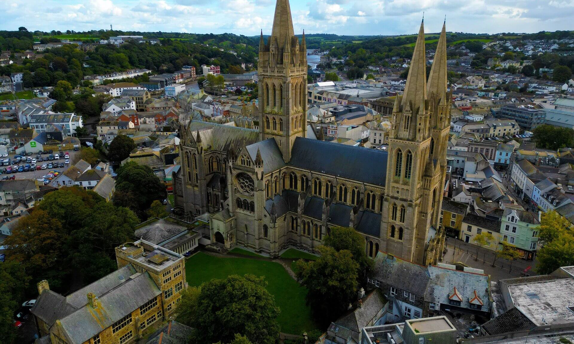 Aerial view of Truro Cathedral and the city centre