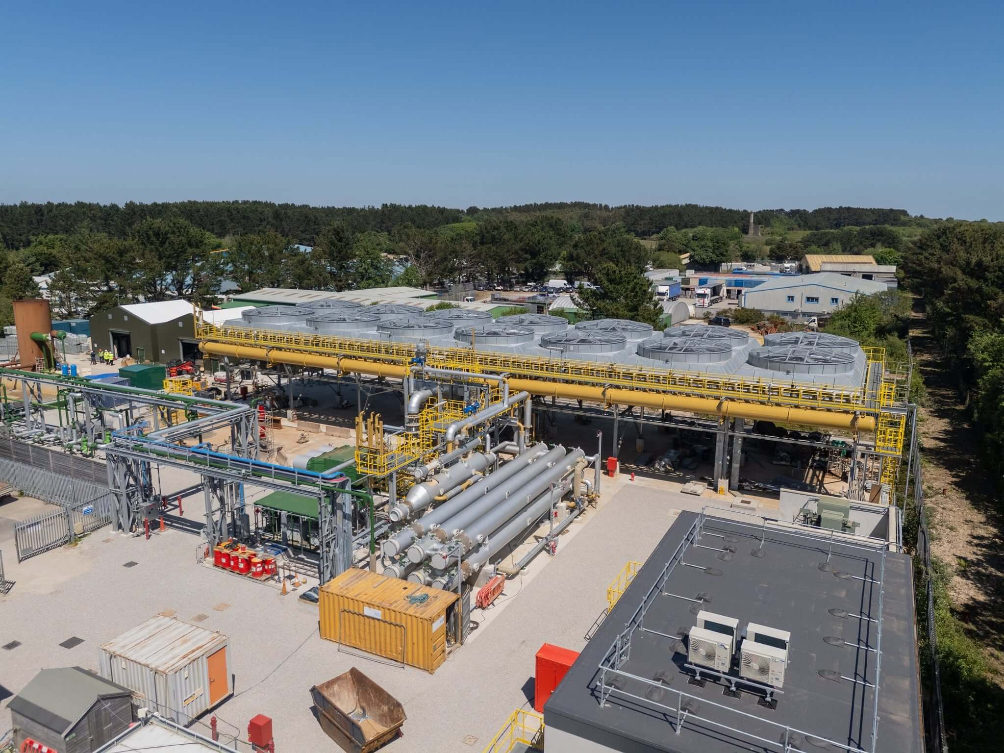 Aerial view of GEL's geothermal and lithium plant at United Downs, Cornwall