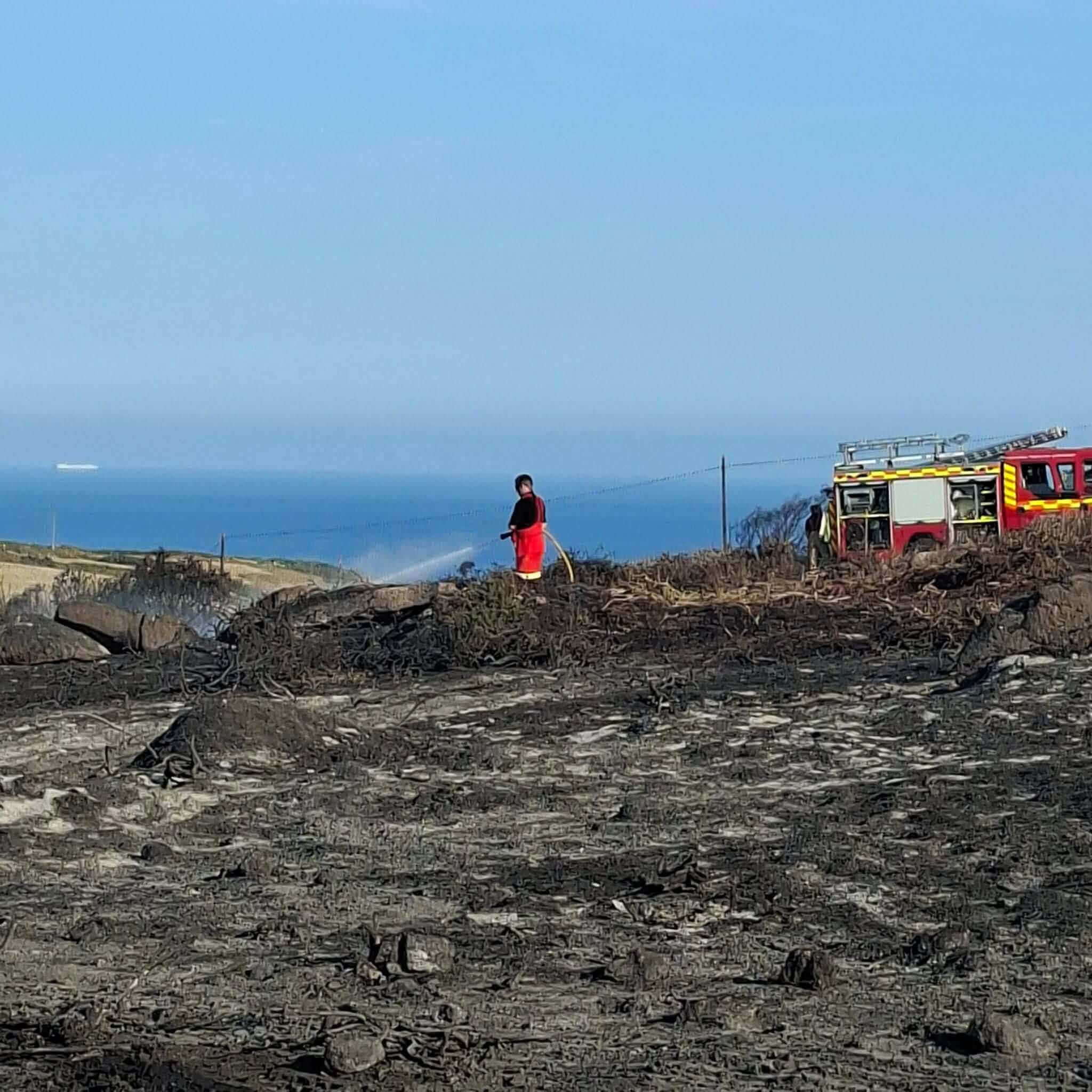 Firefighter damping down a coastal gorse fire above the sea