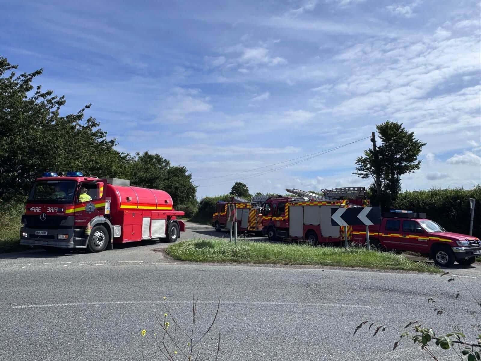 Cornwall Fire and Rescue Service engines and water bowser at a rendezvous point