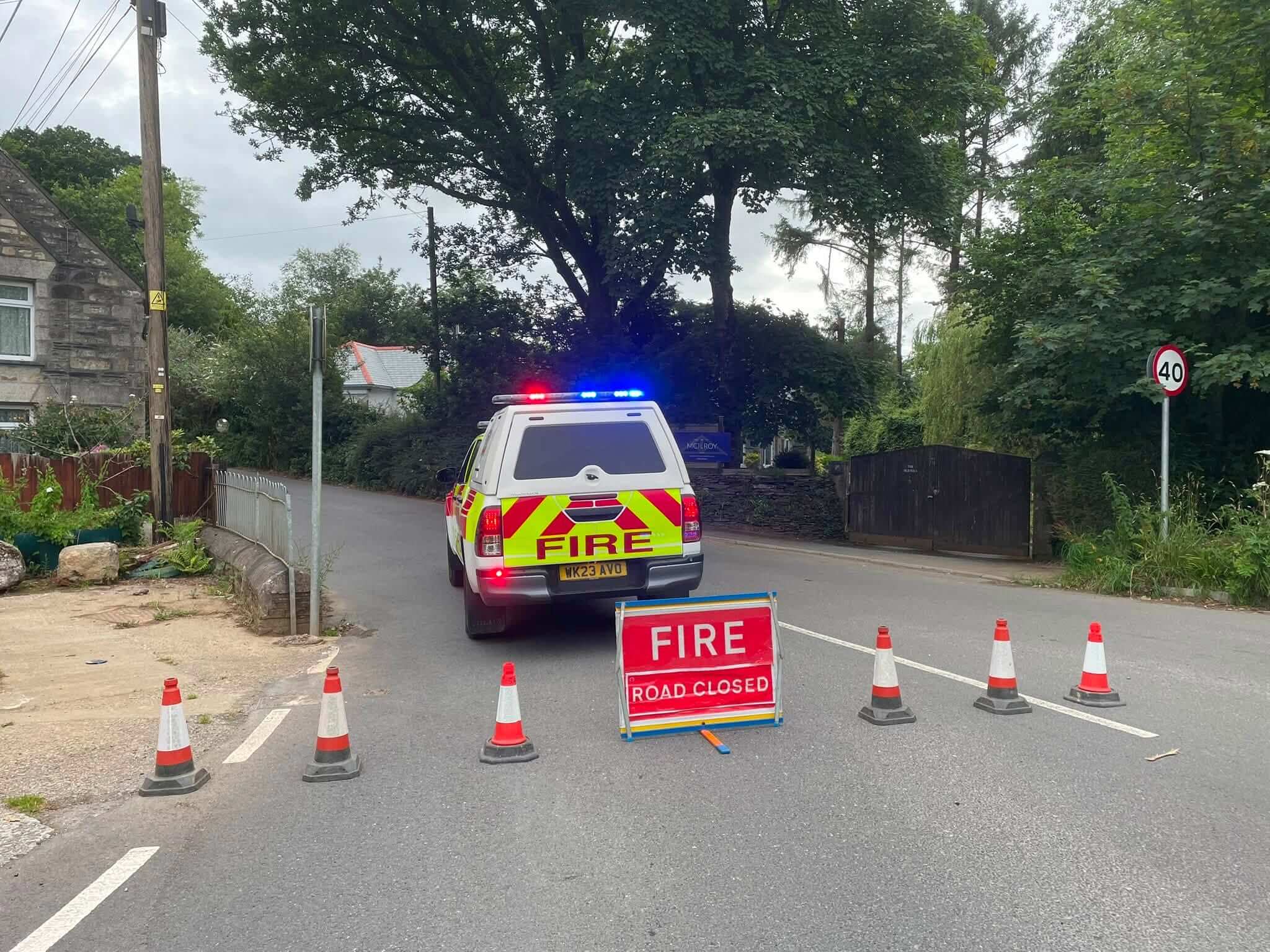Fire Service road closed sign and vehicle