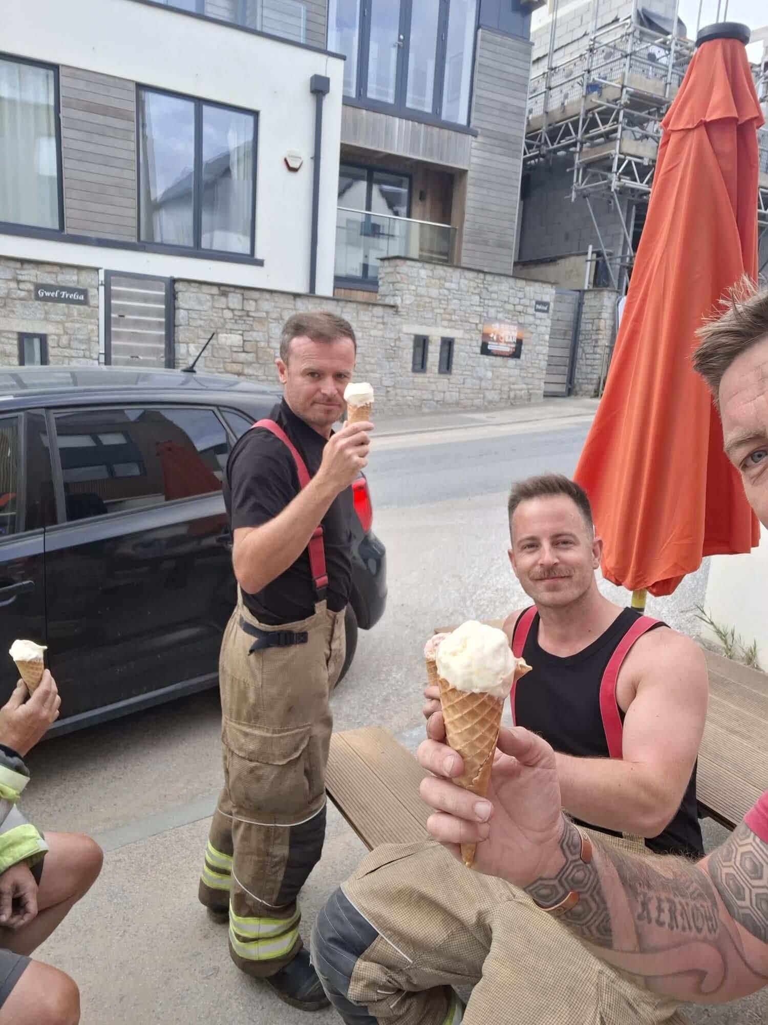 Wadebridge firefighters holding ice creams