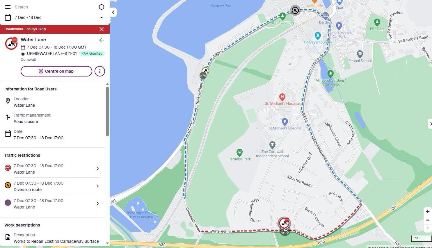 Roadworks map showing the Water Lane closure in Hayle and the signed diversion route