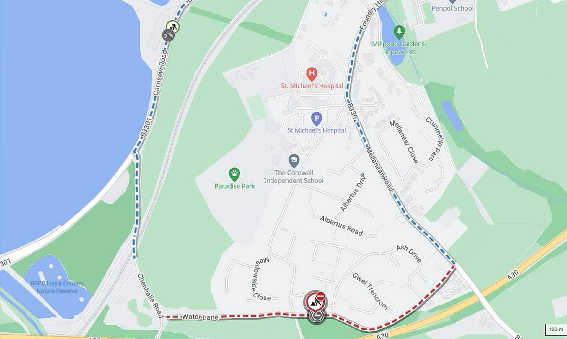 Map showing the Water Lane closure in Hayle and the diversion route