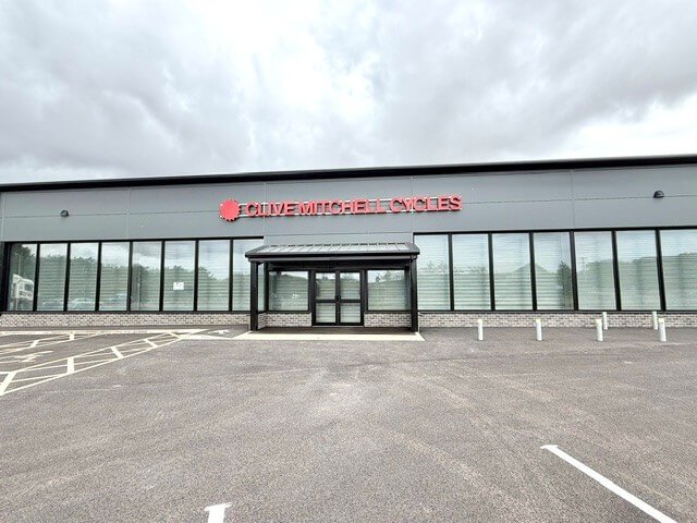 Clive Mitchell Cycles' new showroom exterior at Summercourt near Newquay