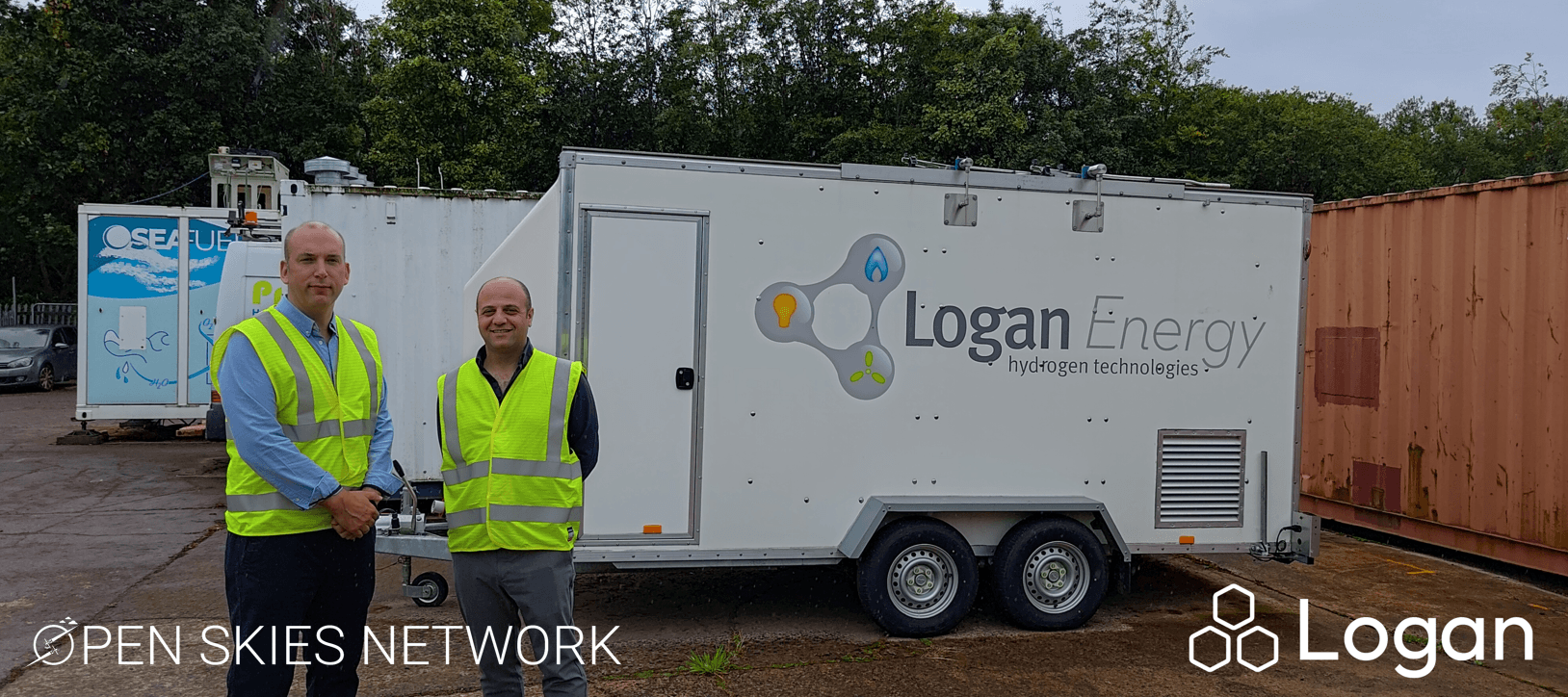 Louis Gardner and Ahmad El-kharouf beside a Logan Energy hydrogen trailer at Wallyford