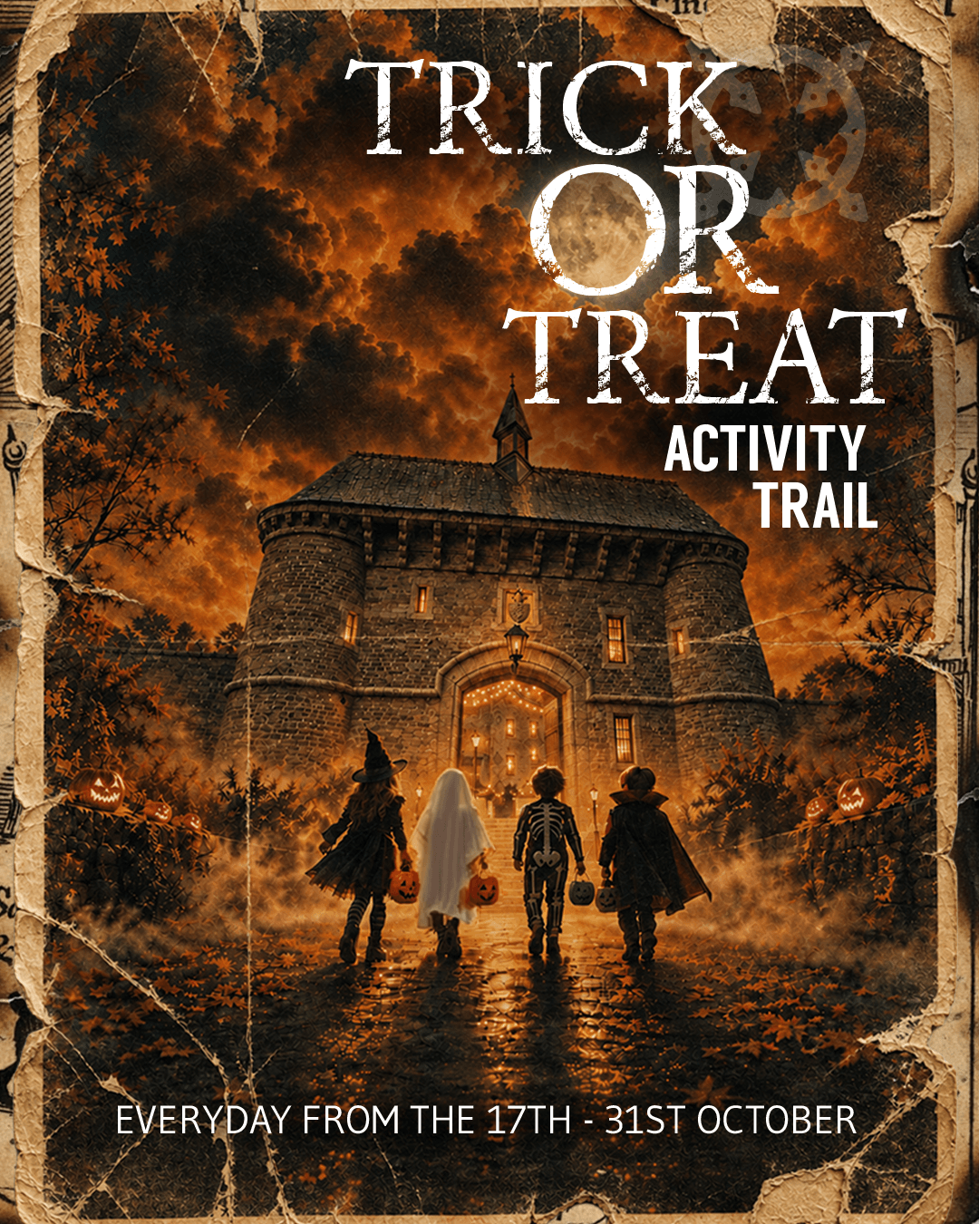 Trick or Treat Activity Trail poster showing children in costume walking towards Bodmin Jail