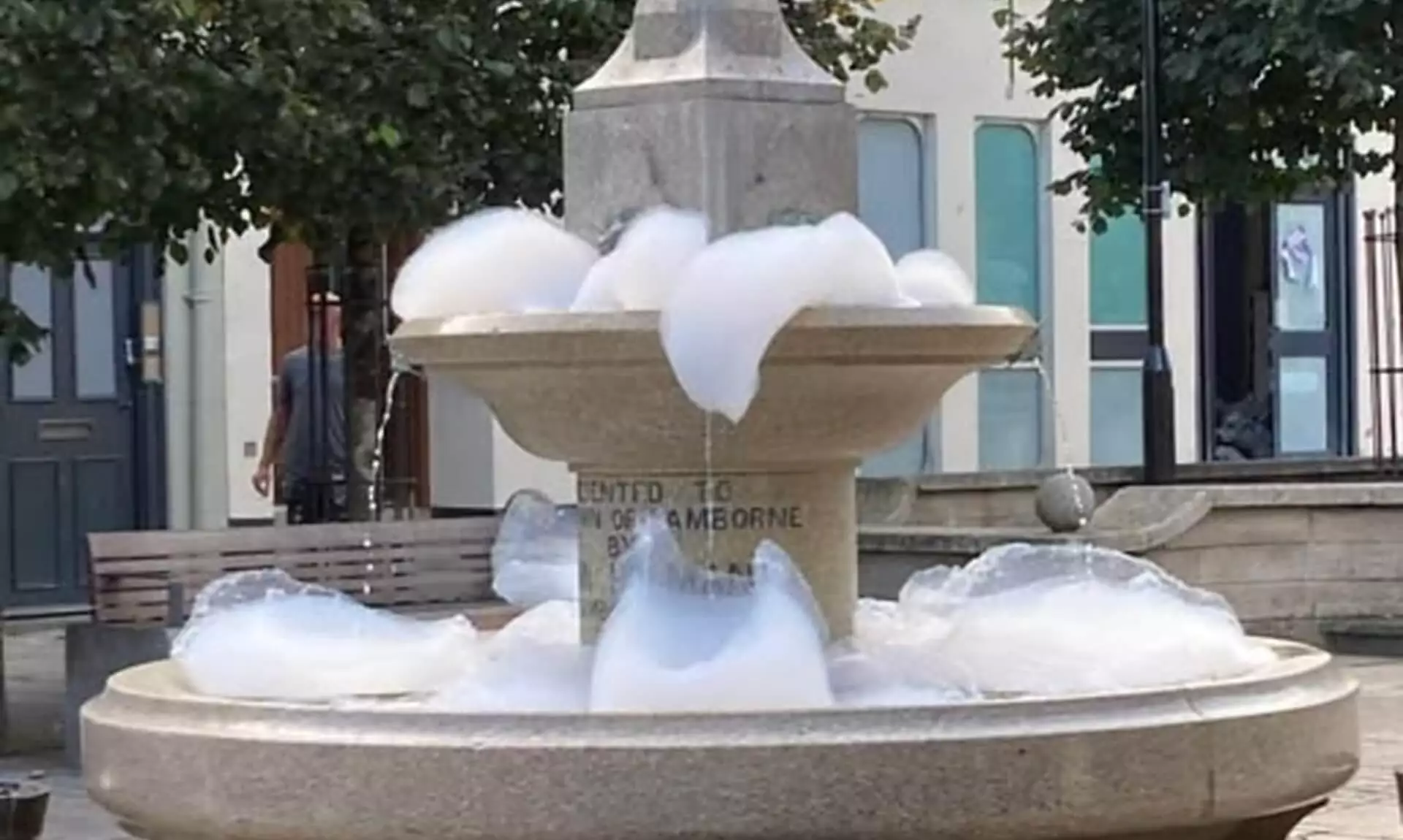 Camborne town centre fountain filled with foam