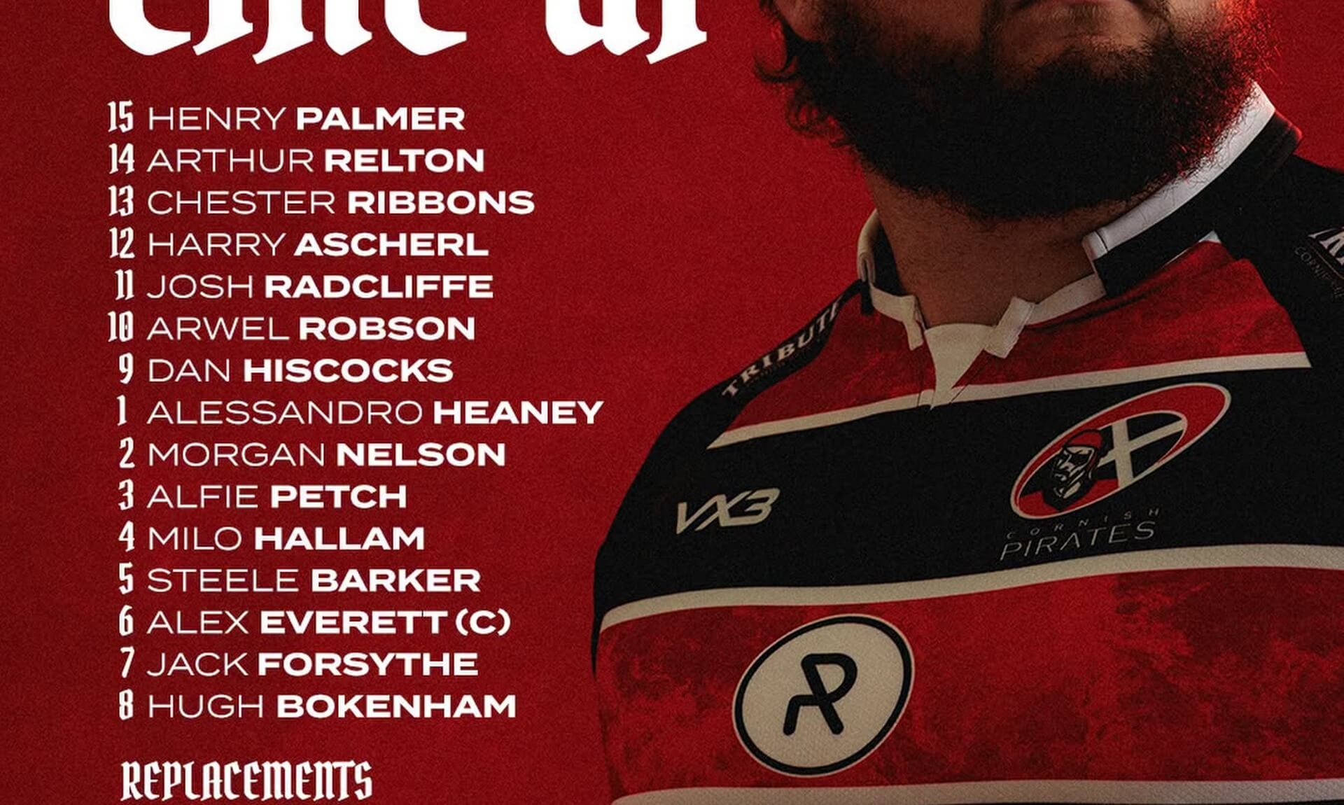 Cornish Pirates line-up graphic for the Doncaster Knights match