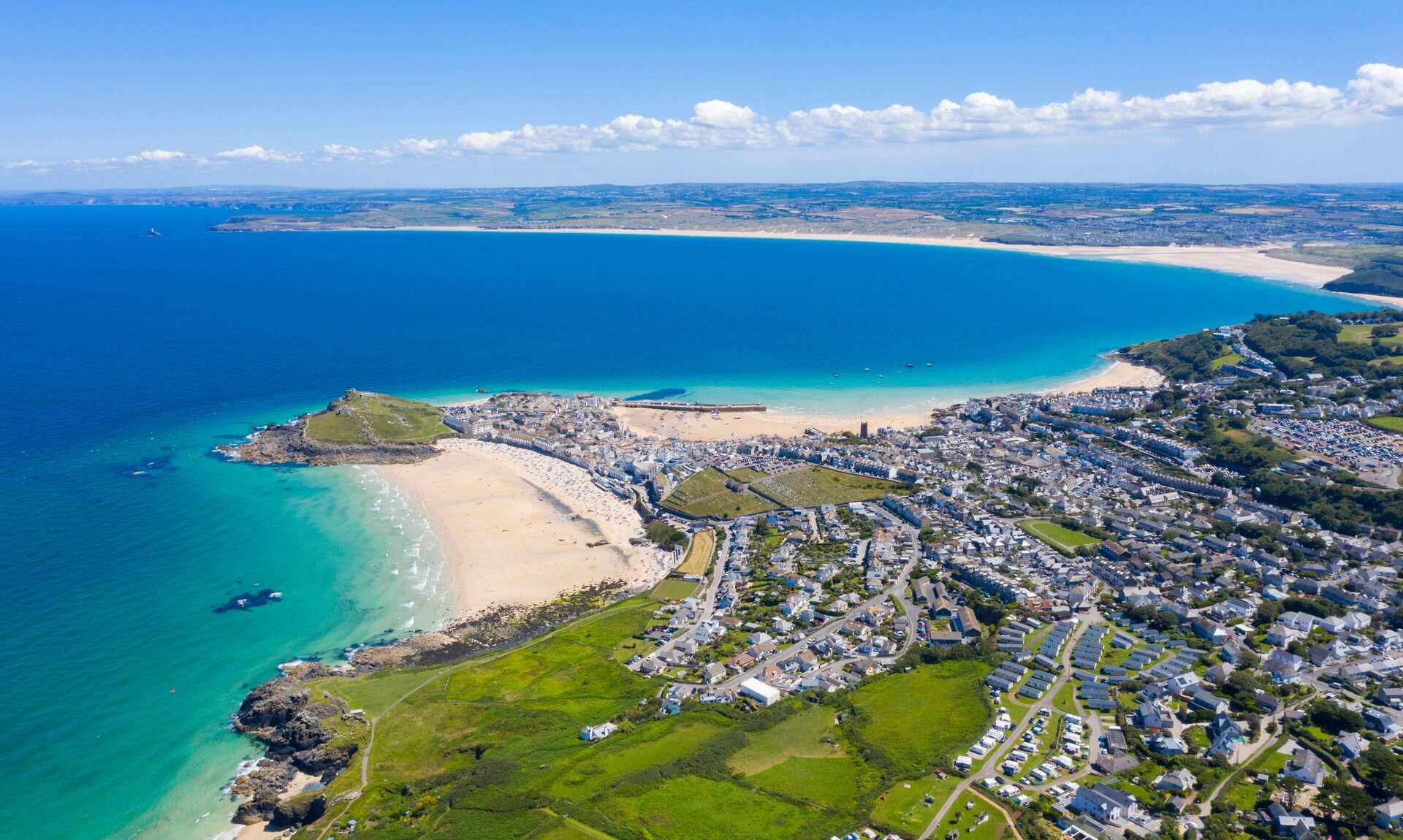 Aerial view of St Ives, Cornwall, showing the town, harbour and bay