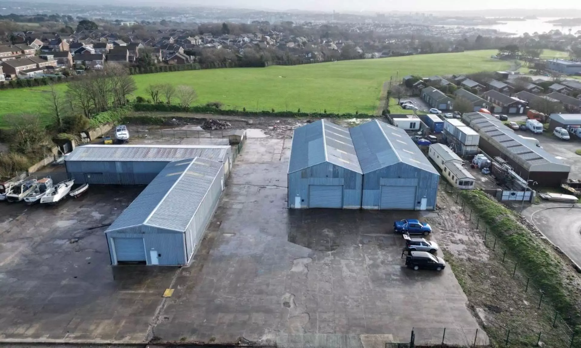 Aerial view of the transformed commercial site with warehouse units let to businesses