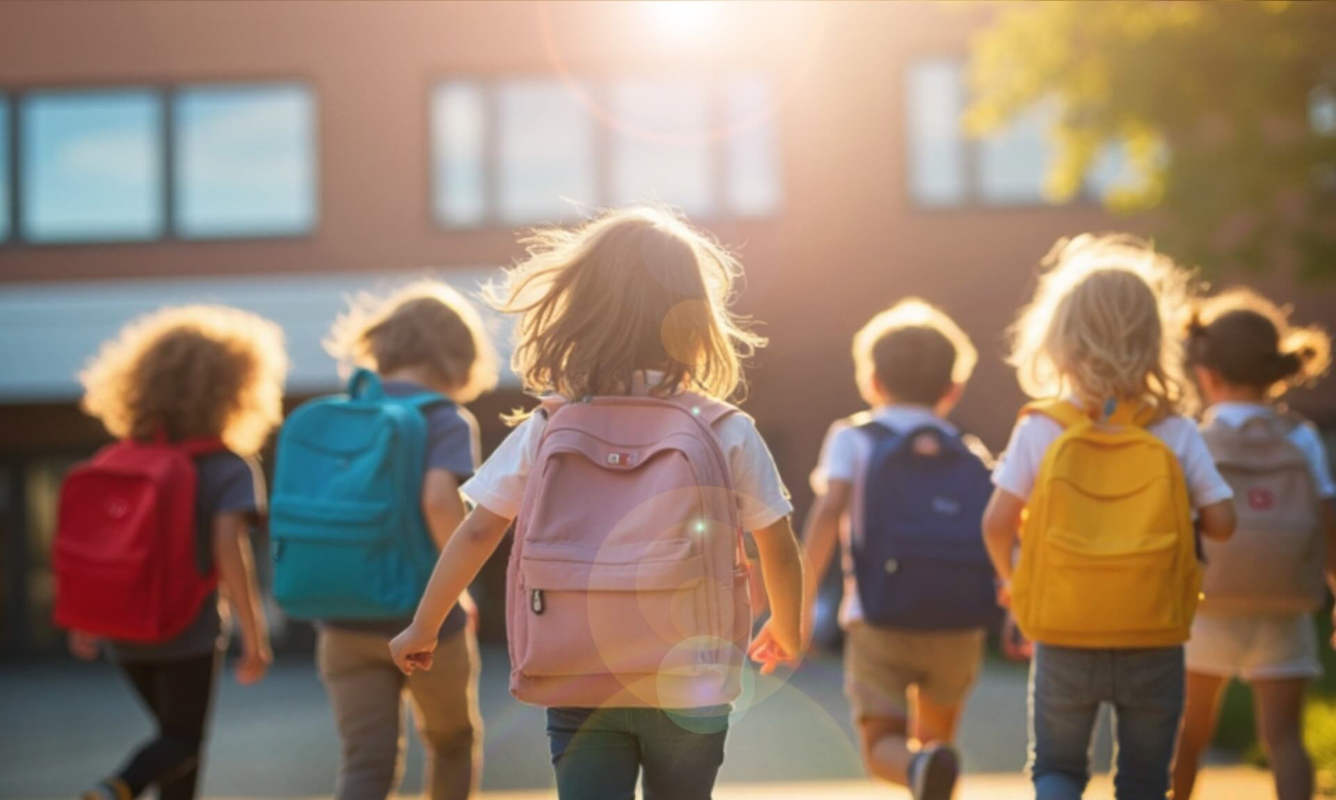 Group of primary school children in backpacks walking towards a school building