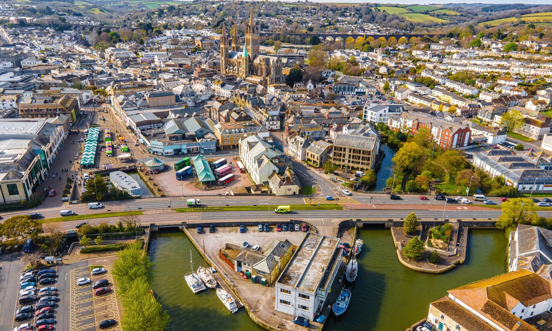Aerial view of Truro with the cathedral and the river