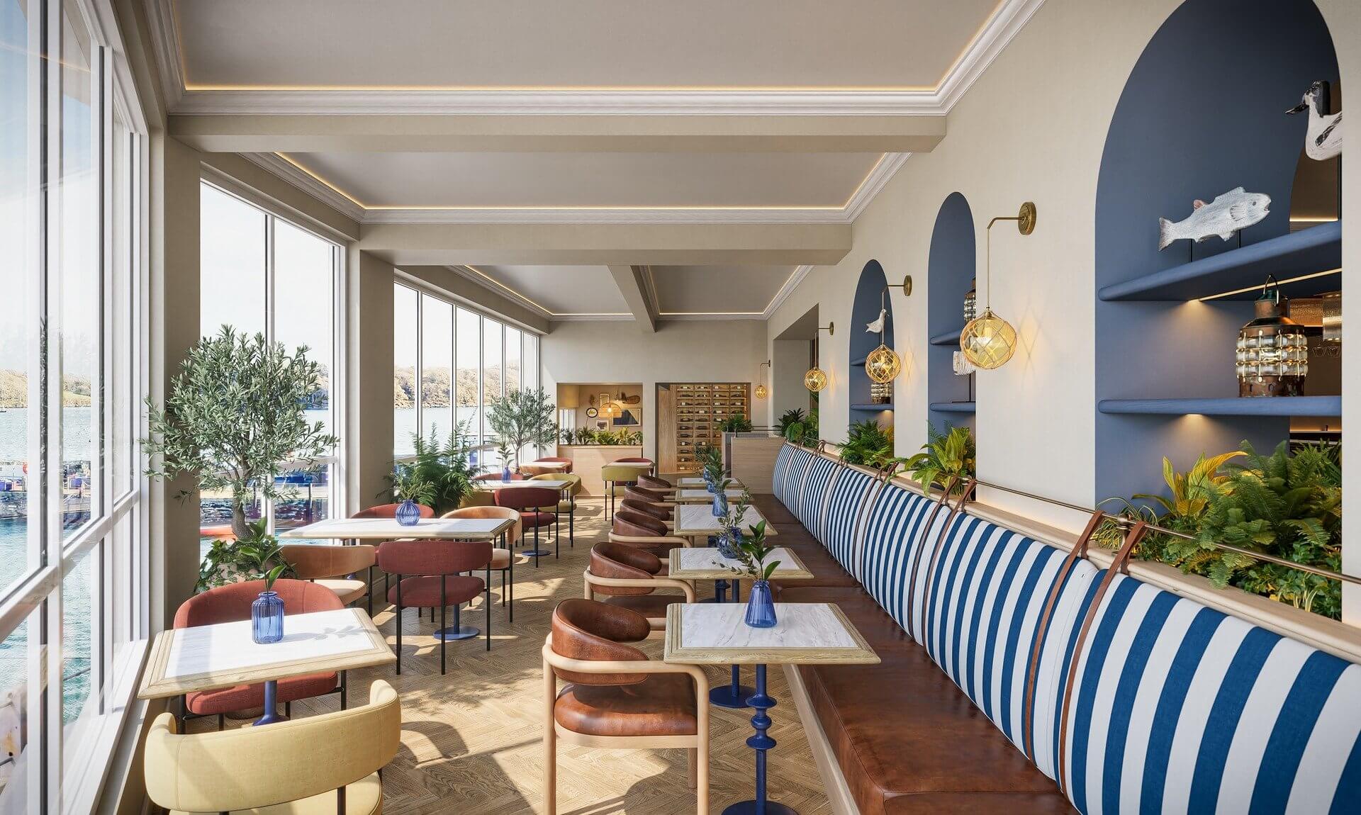 Render of the waterfront restaurant at Elysium St Mawes with harbour views