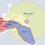 Map of the 755-metre bomb cordon around Falmouth Docks