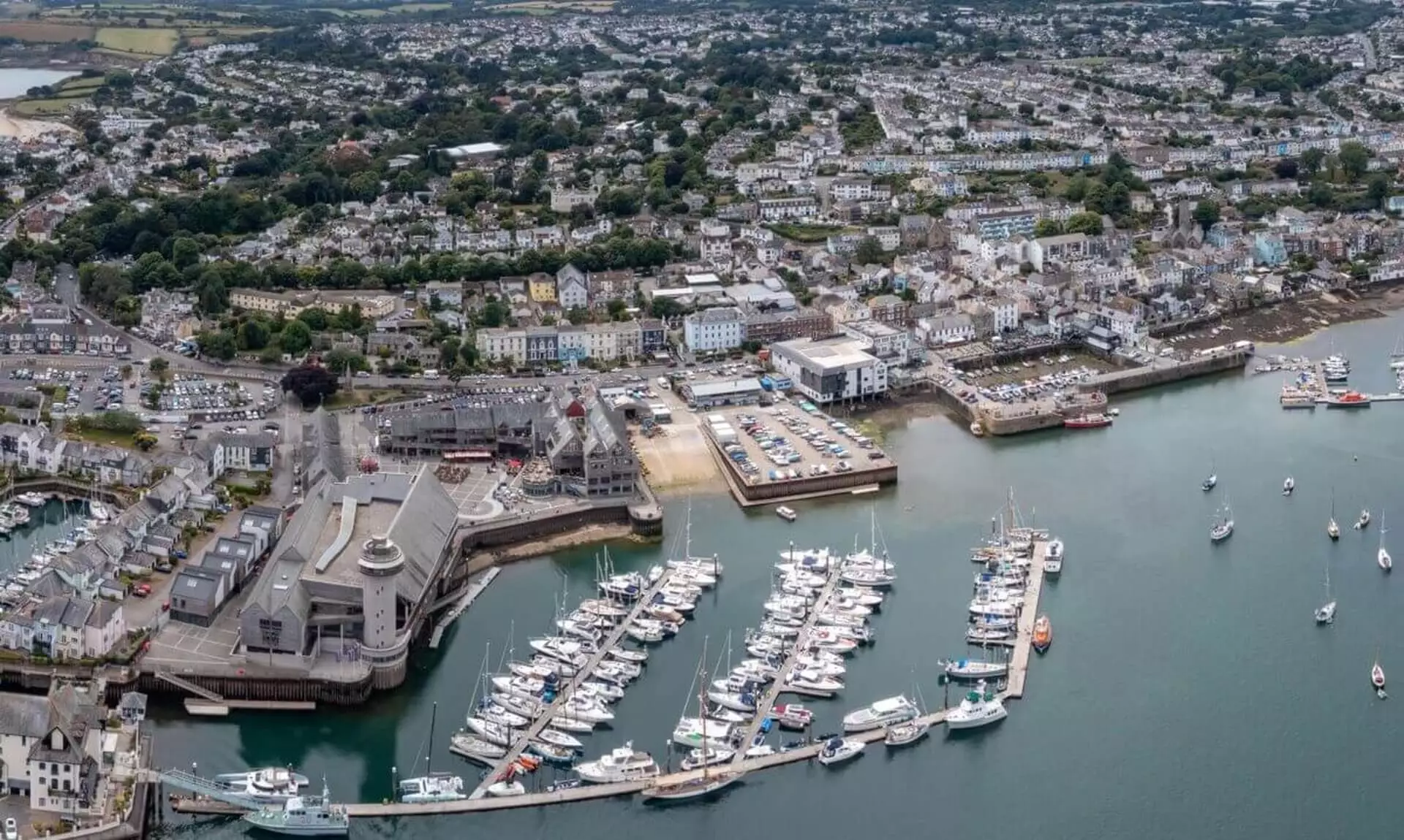 Aerial view of Falmouth harbour, marina and waterfront