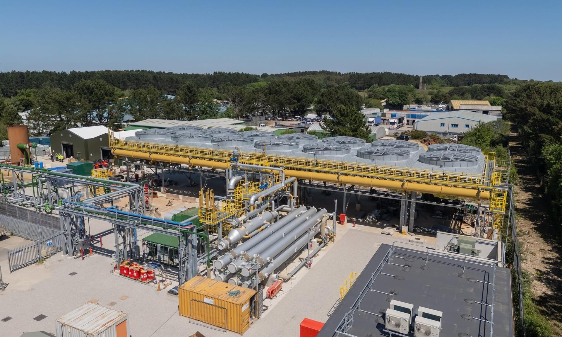 Aerial view of GEL's geothermal and lithium plant at United Downs, Cornwall