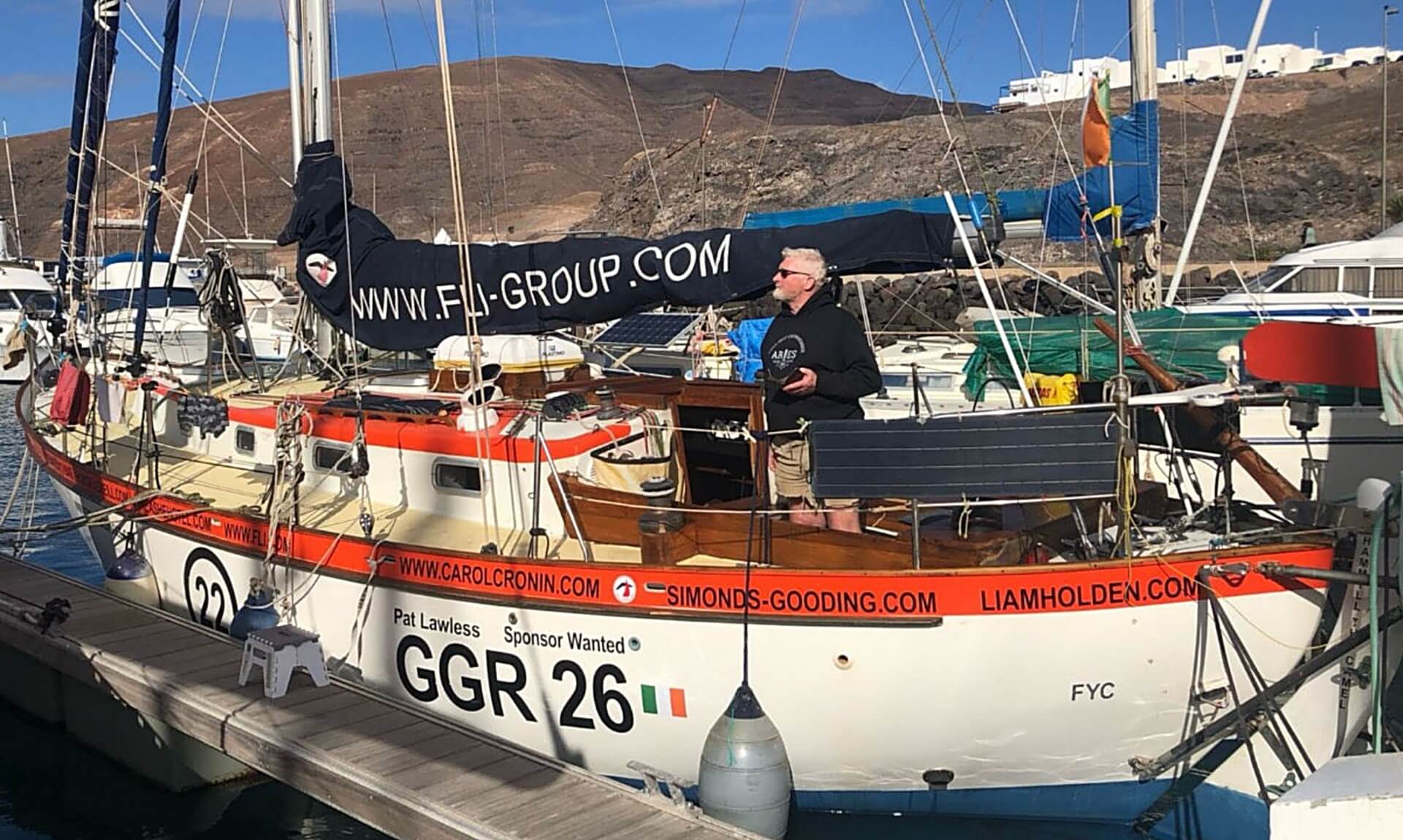 Pat Lawless's Golden Globe Race yacht Silvermines Hydro, marked GGR 26
