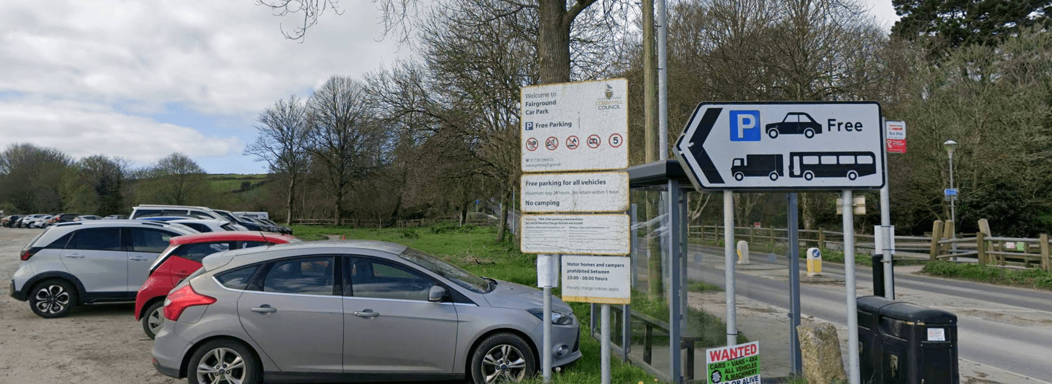 Welcome to Fairground Car Park free parking sign, Helston