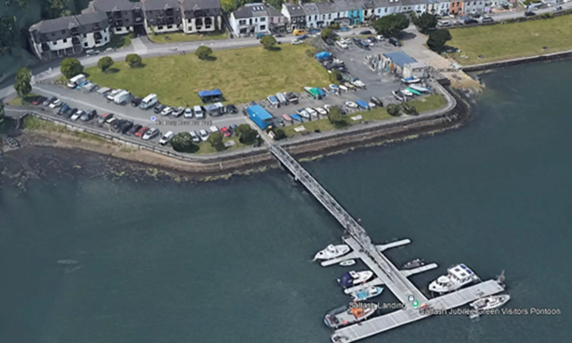 Aerial view of Jubilee Green boat park and pontoon on the River Tamar at Saltash