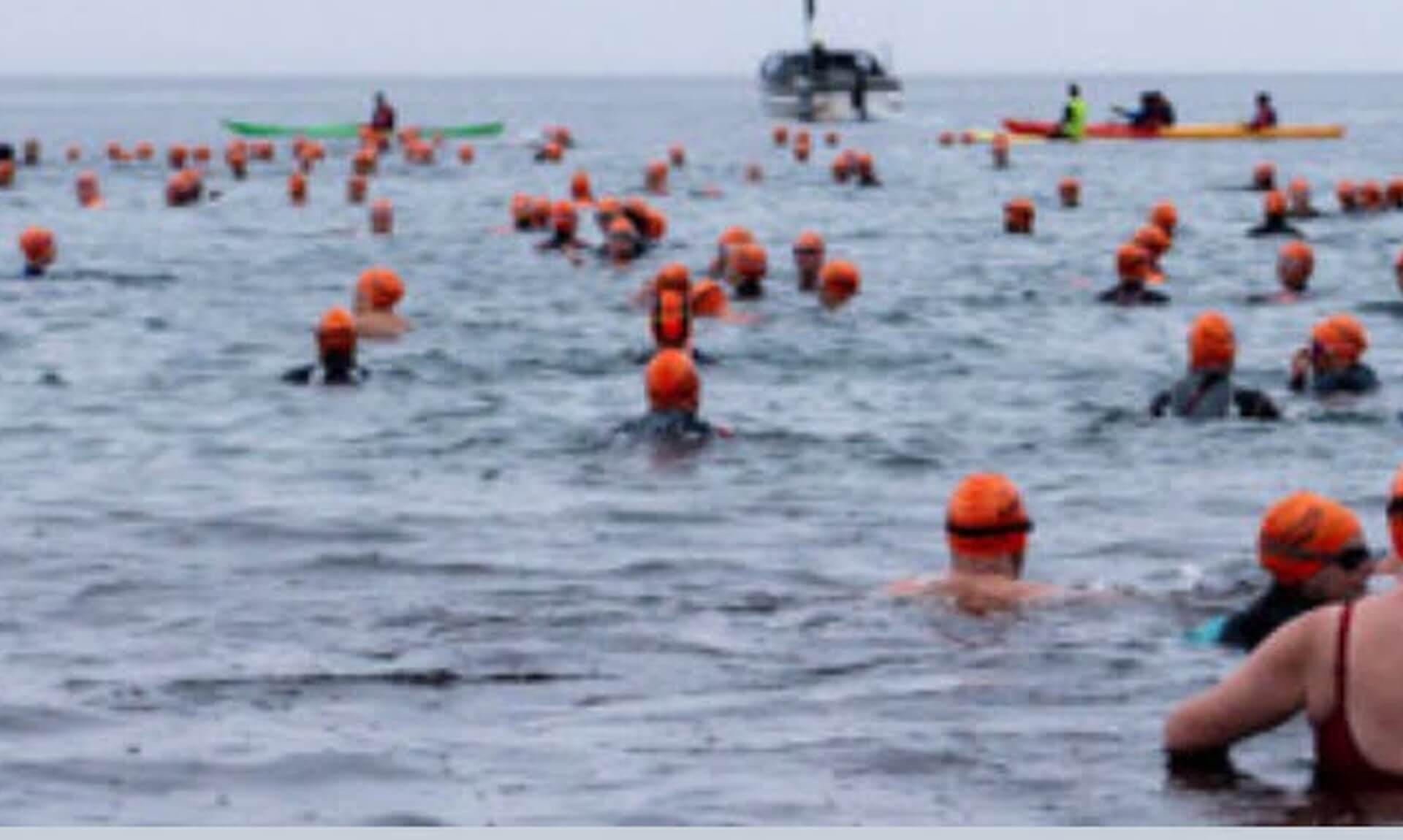 Swimmers in the sea at the Jubilee Pool Sea Swim, Penzance