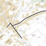 Map showing the Launceston carriageway repair closure route along Exeter Street, Southgate Street and Madford Lane