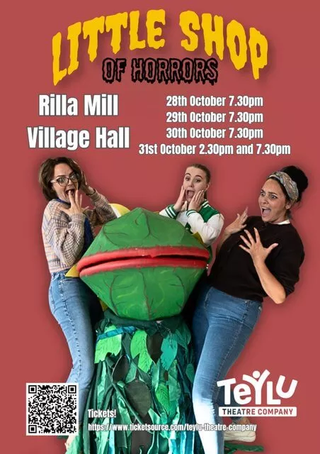 Little Shop of Horrors poster for Rilla Mill Village Hall with performance times