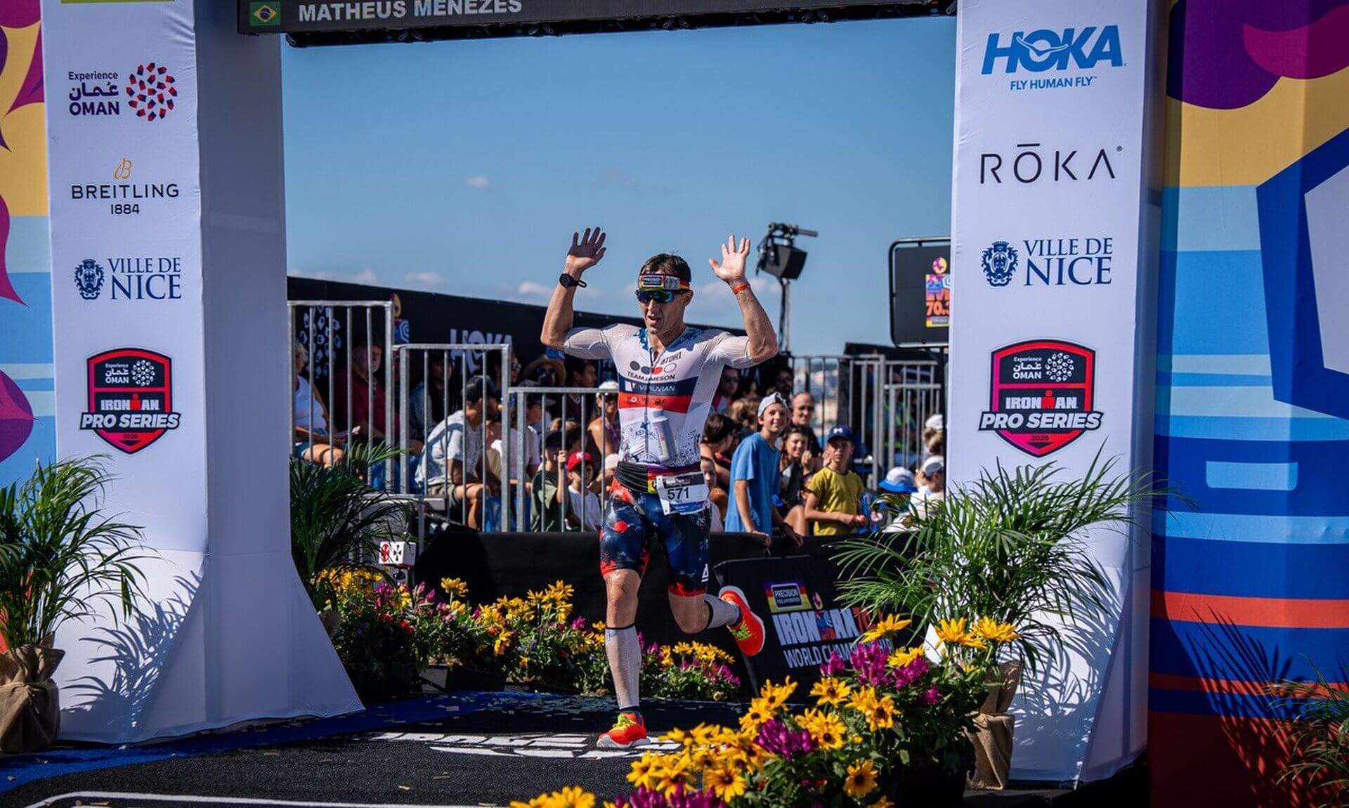 Neil Eddy crossing the finish line at the IRONMAN 70.3 World Championship in Nice