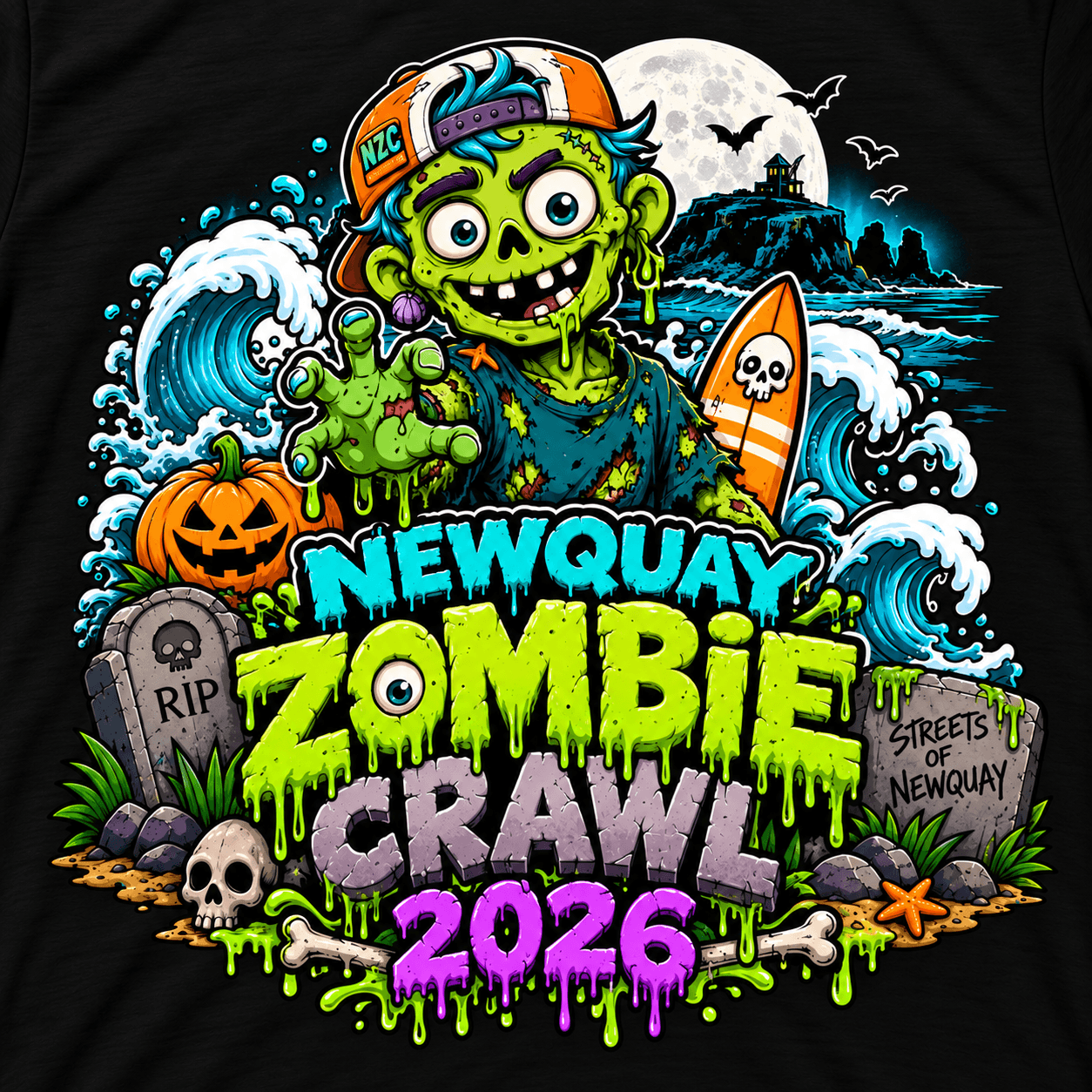 The new Newquay Zombie Crawl 2026 T-shirt design