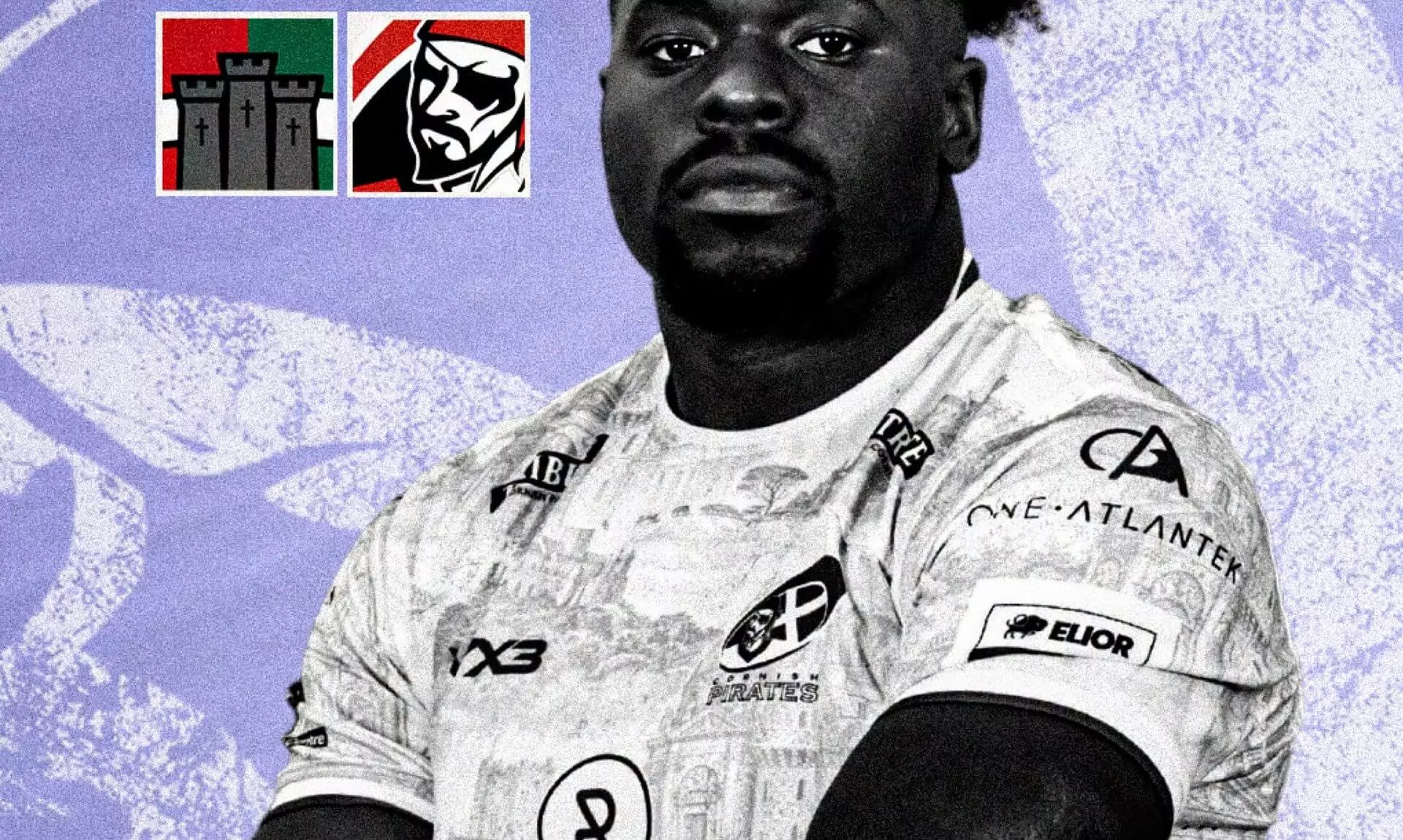 Cornish Pirates No. 8 Tomi Agbongbon in the club's line-up graphic