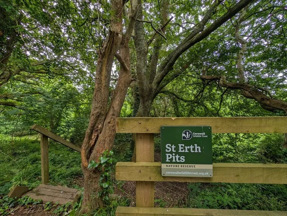St Erth Pits nature reserve sign in woodland near St Erth
