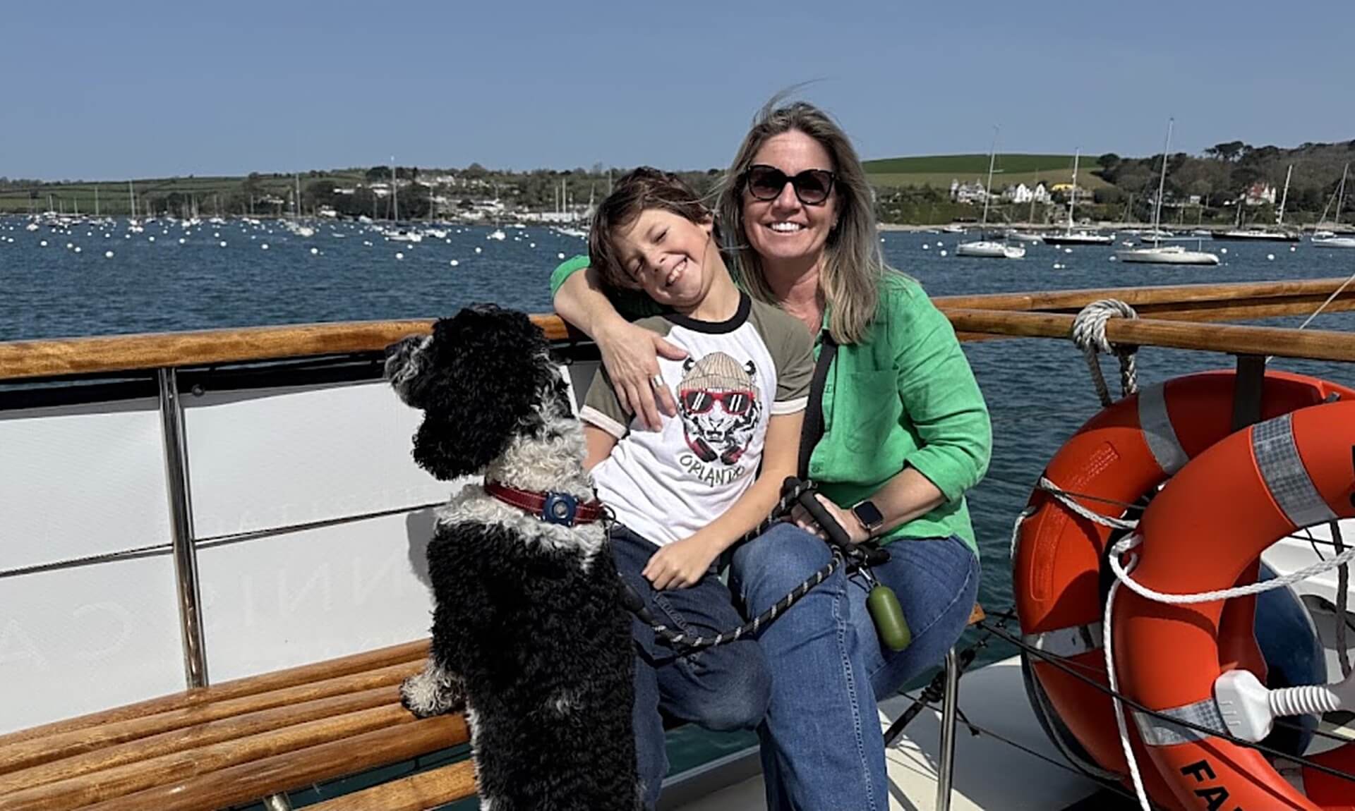 Vikki and William Orchard with dog Lola on the St Mawes ferry