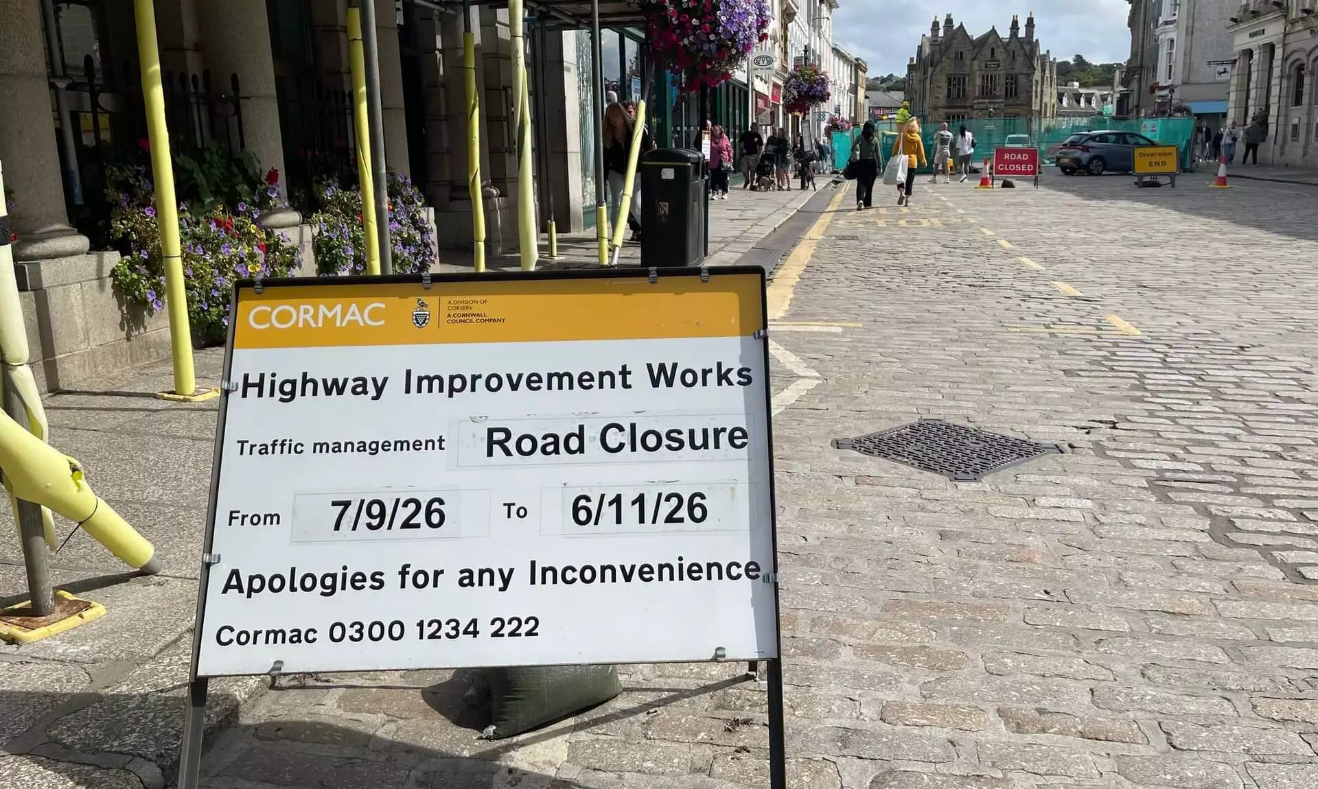 Cormac road closure sign on Boscawen Street in Truro