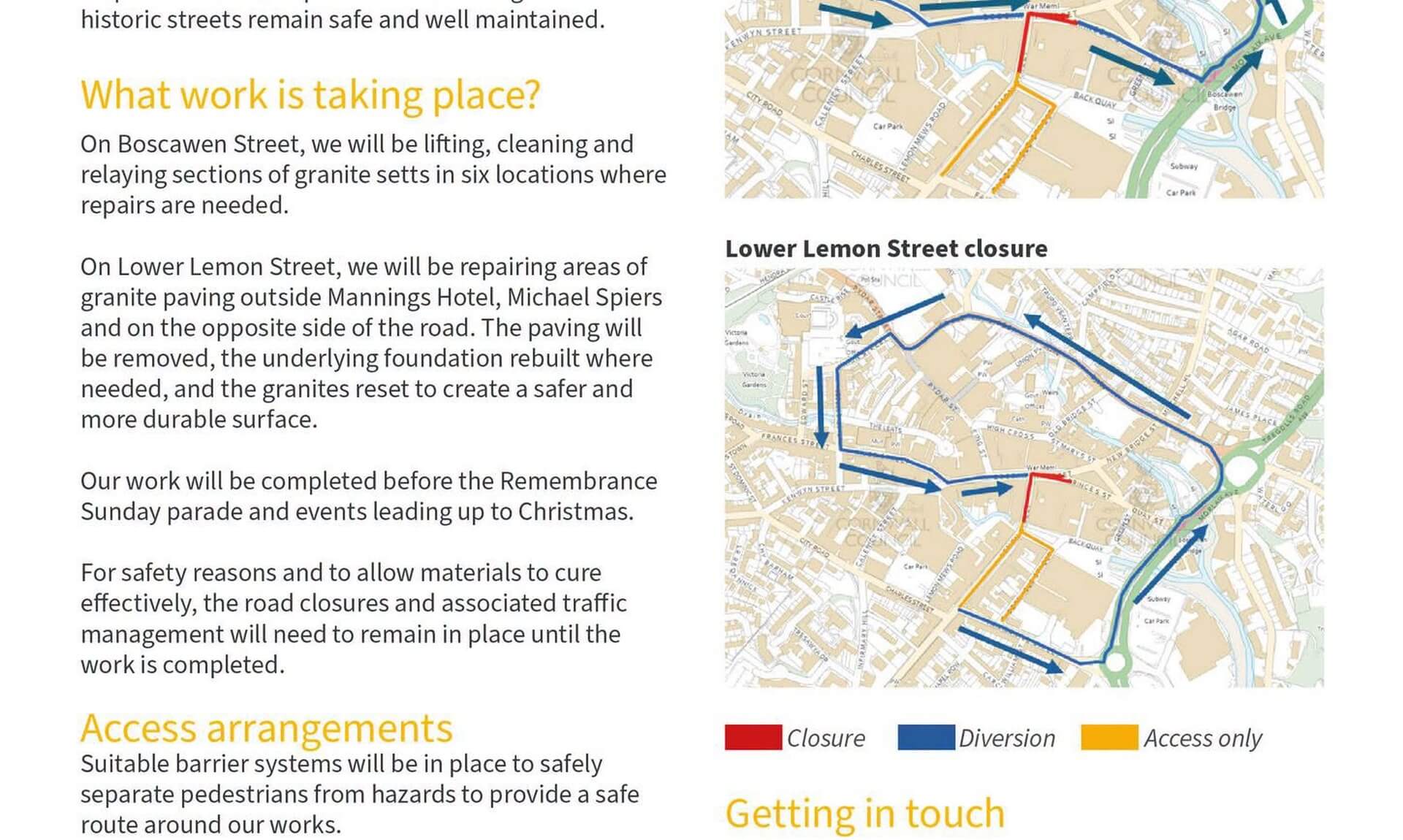 Map showing the Boscawen Street and Lower Lemon Street closures and diversions in Truro
