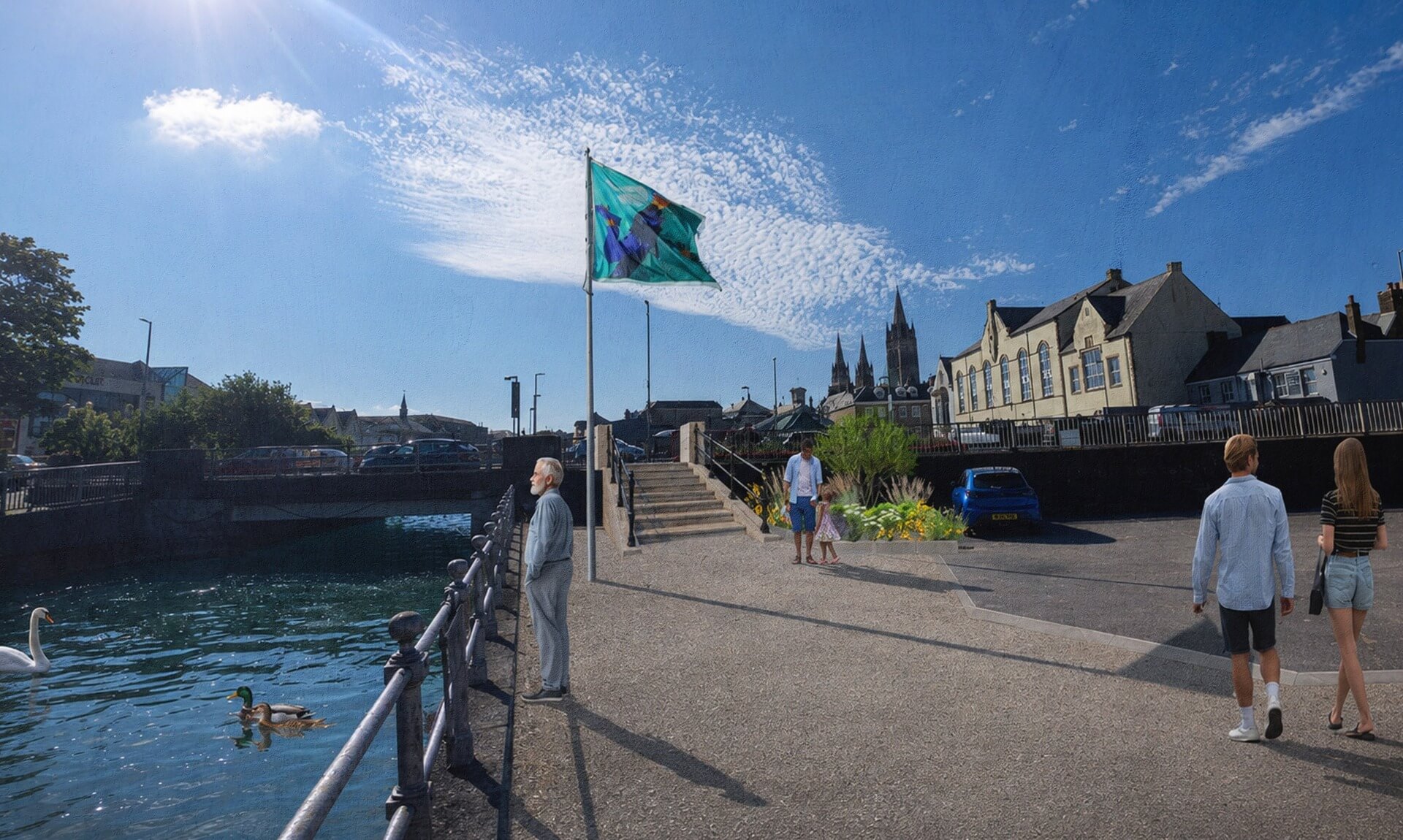 Visualisation of Town Quay in Truro with new public space beside the river