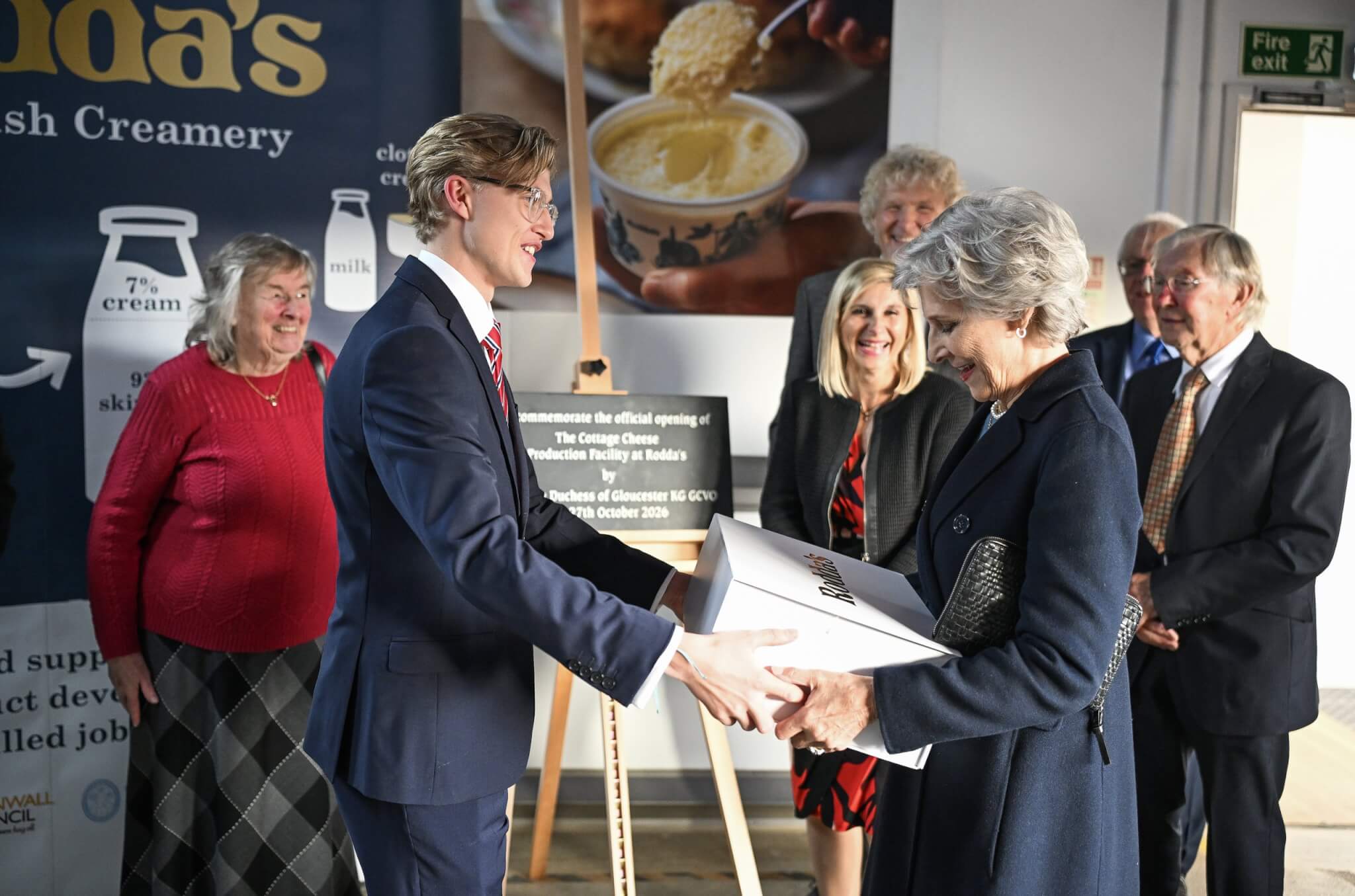 HRH The Duchess of Gloucester with guests beside the plaque at Rodda's
