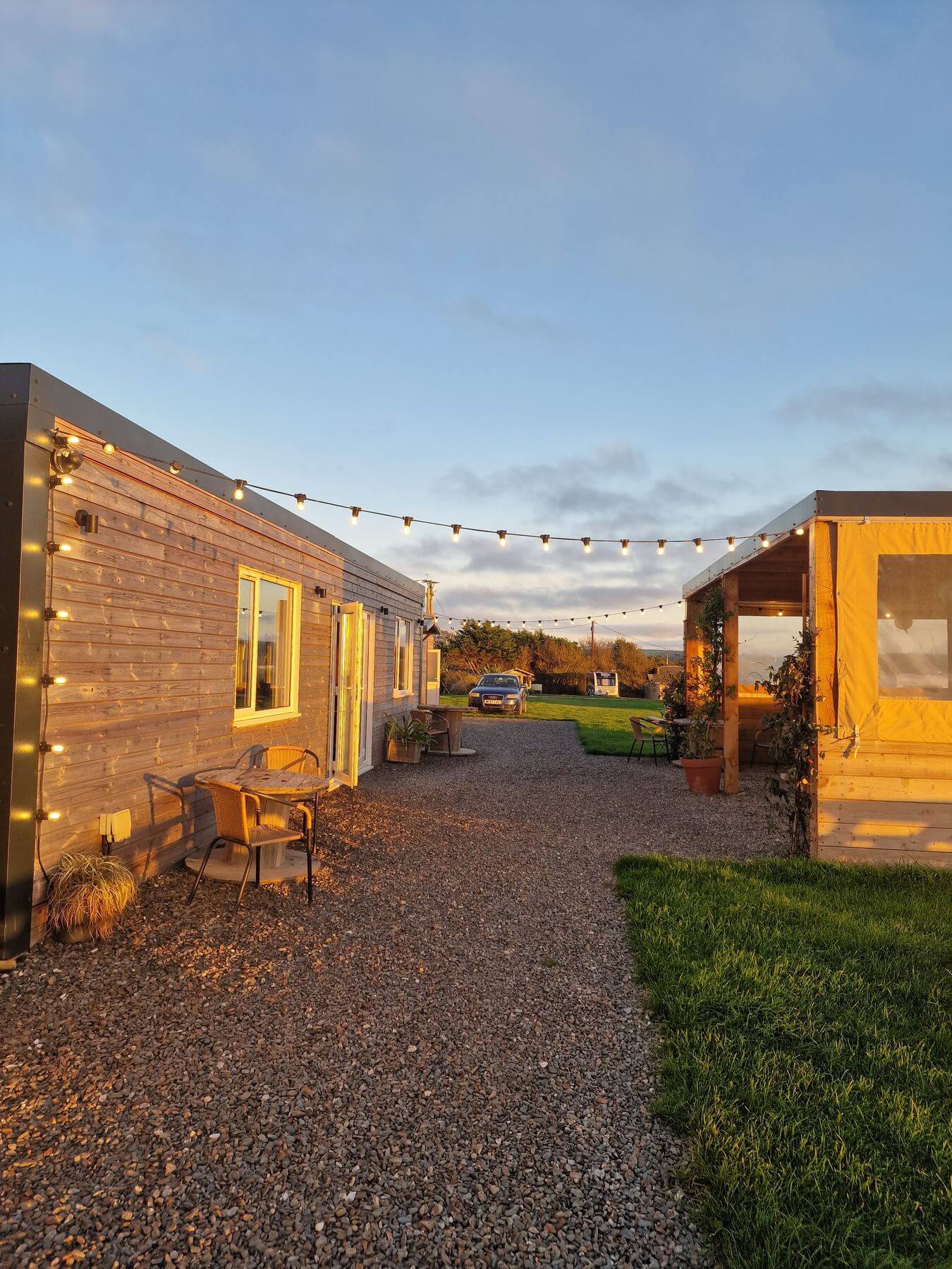 Tregavone Kitchen and Bar at Tregavone Farm Holiday Park at sunset