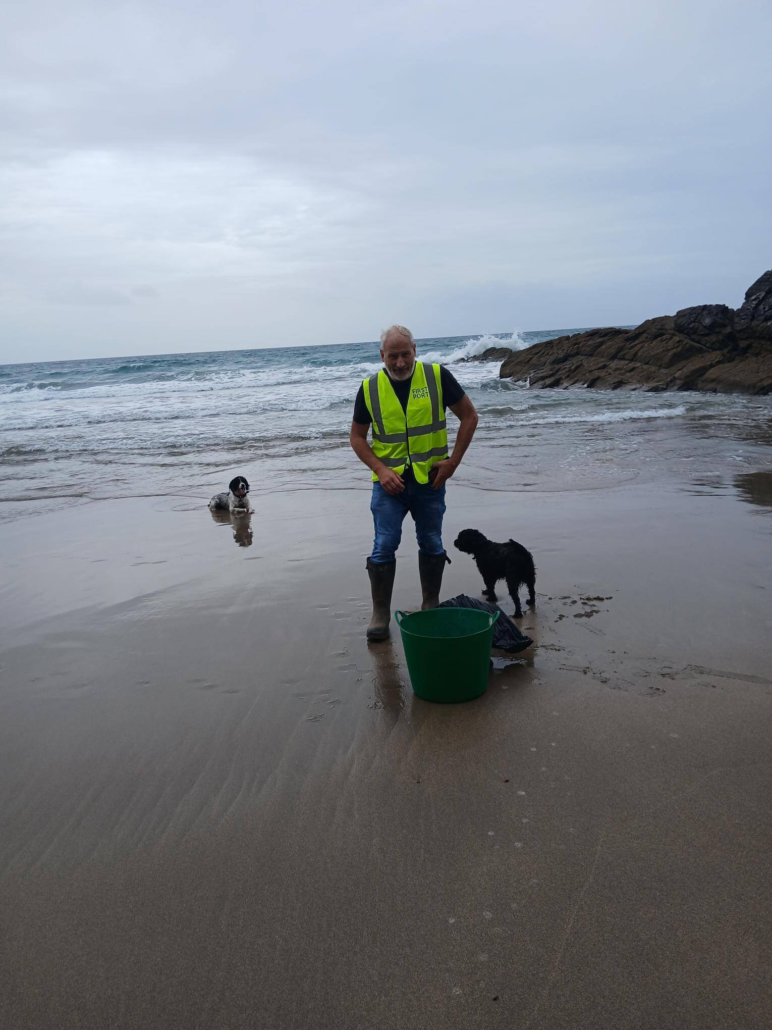 A volunteer in a FirstPort hi-vis vest with a bucket and two dogs at Tregonhawke Beach