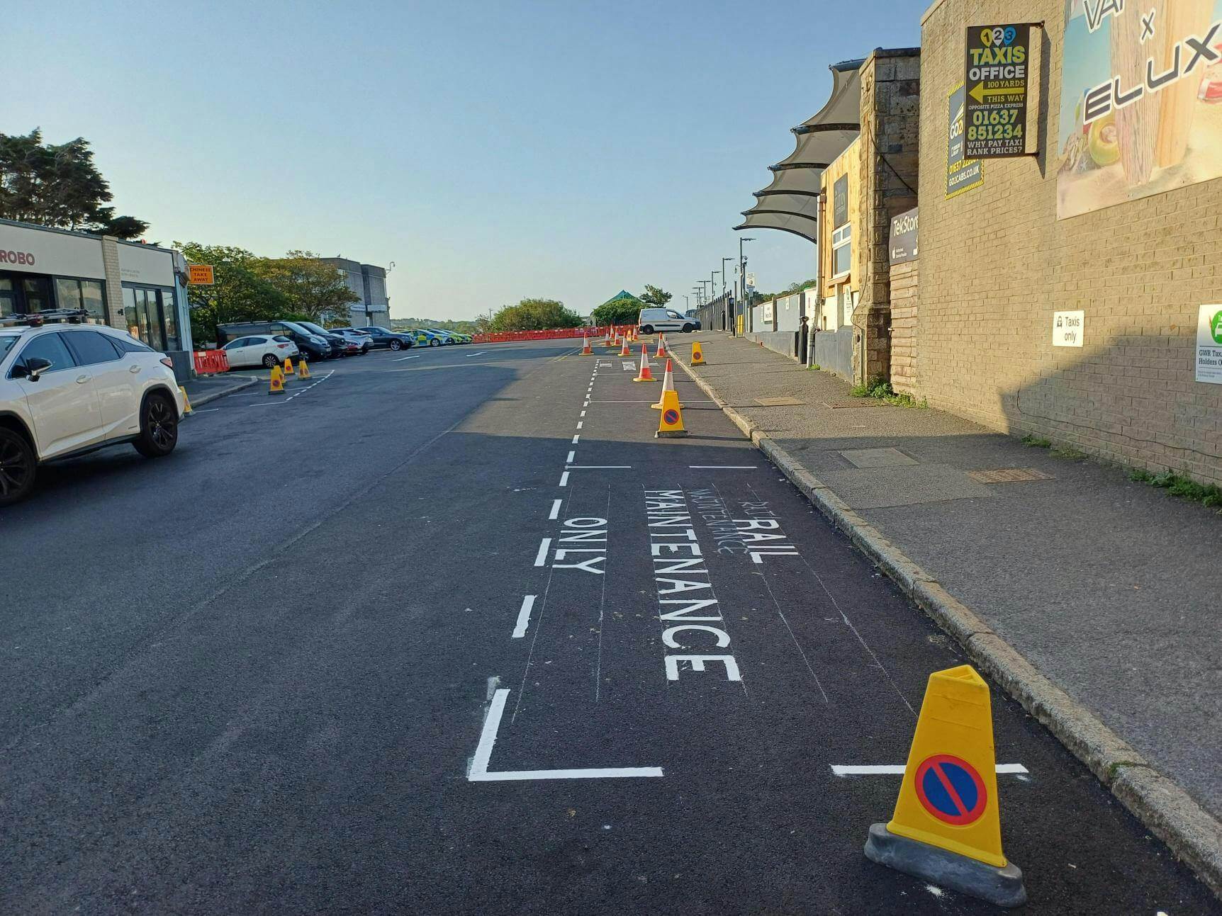 New road markings beside Newquay station, including a rail maintenance bay