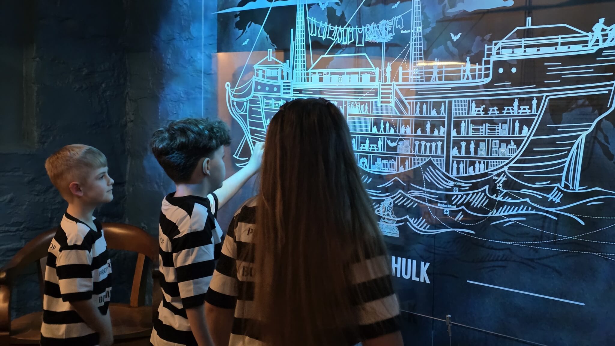 Children looking at an illuminated ship display at Bodmin Jail