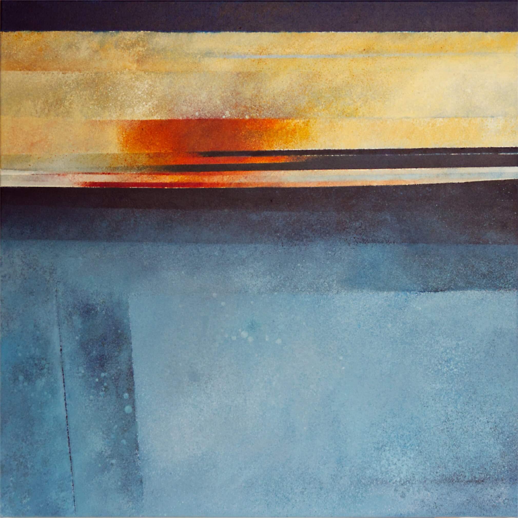 Abstract painting with bands of yellow and orange above a blue field
