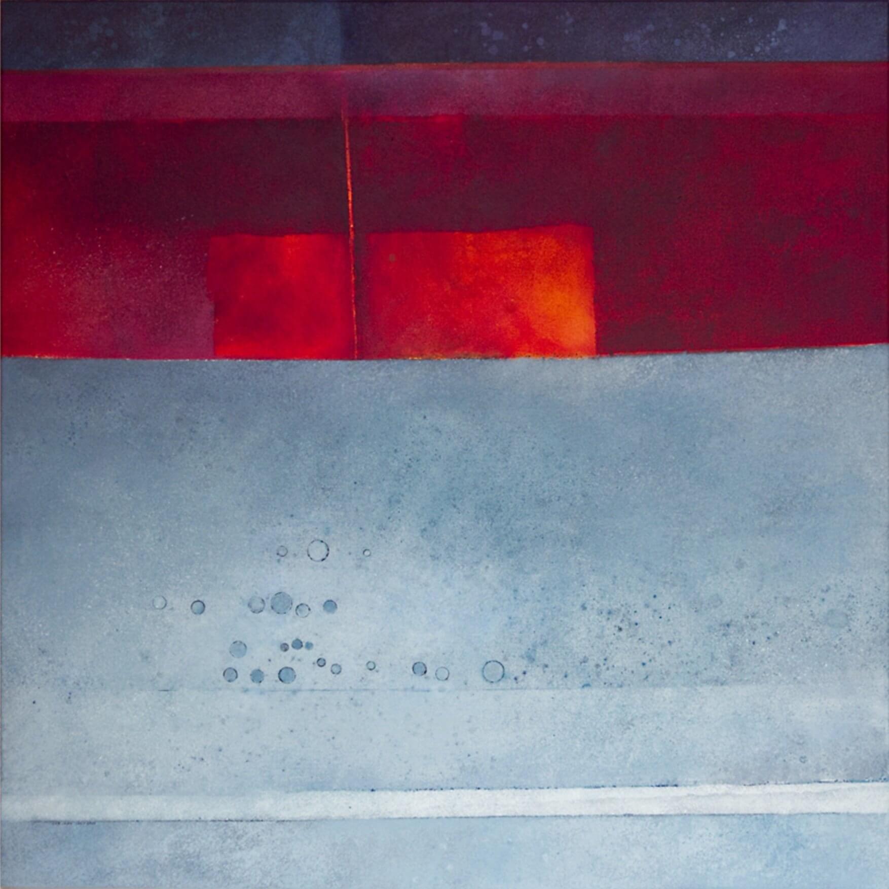 Abstract painting with a deep red band above a pale blue field marked with small circles