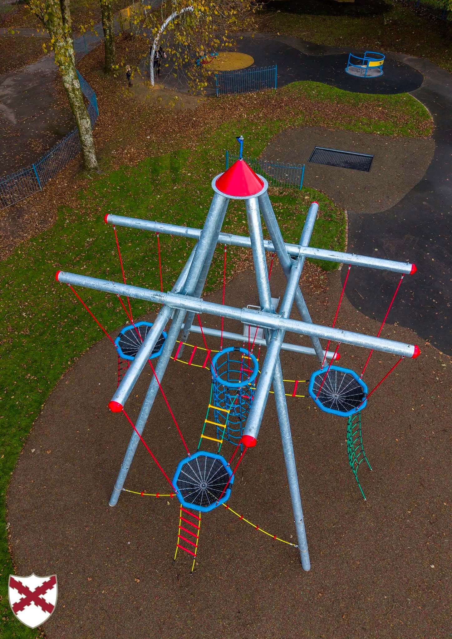Bird's Nest Tower play structure seen from above at Poltair Park