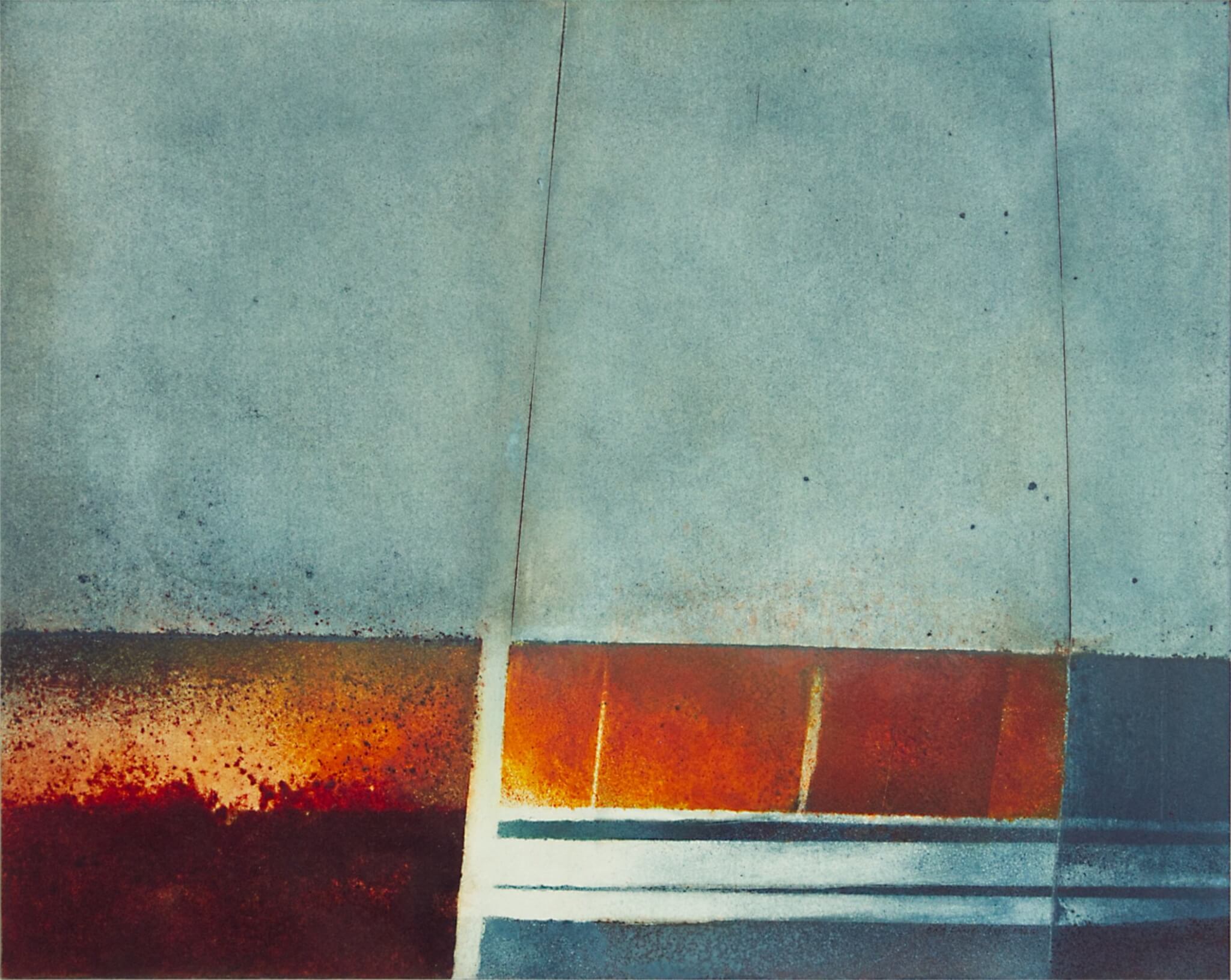 Abstract painting in grey-green with a block of burnt orange and white bands
