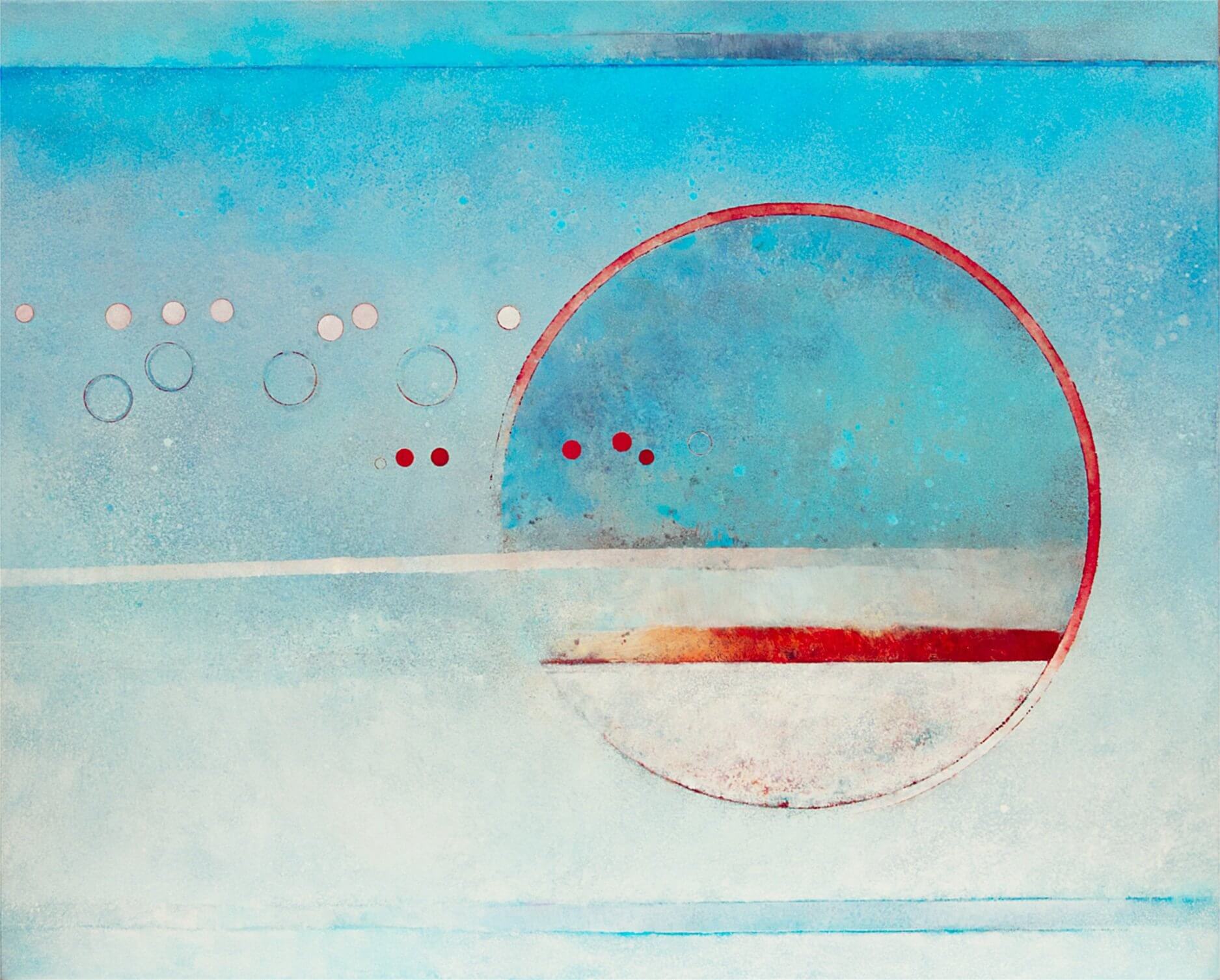 Abstract painting in turquoise with a large red-rimmed circle and rows of small circles